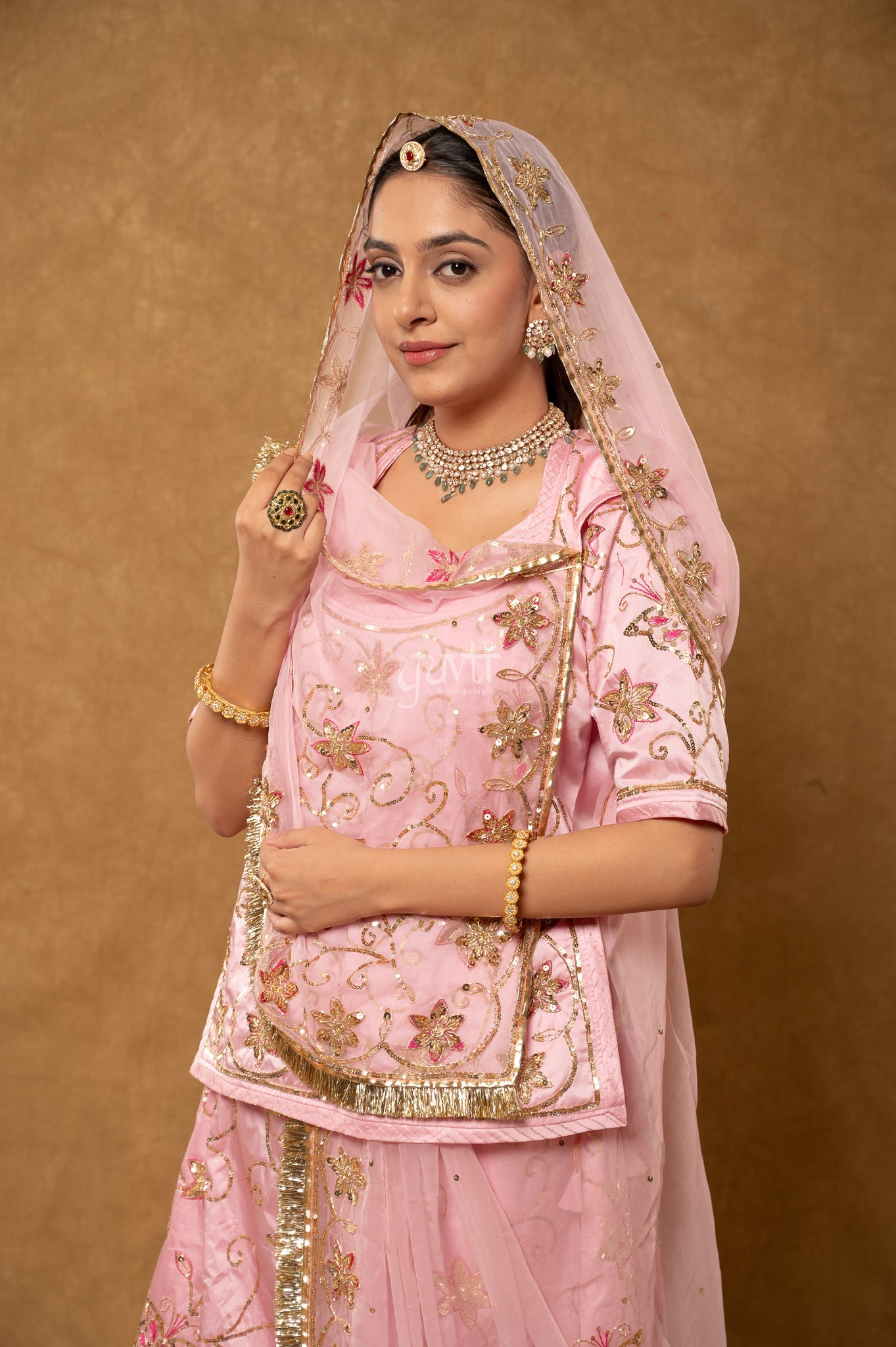 Baby Pink Bamber Satin Zardozi Sequins Handwork  Poshak with Pure Odhana (unstitched)