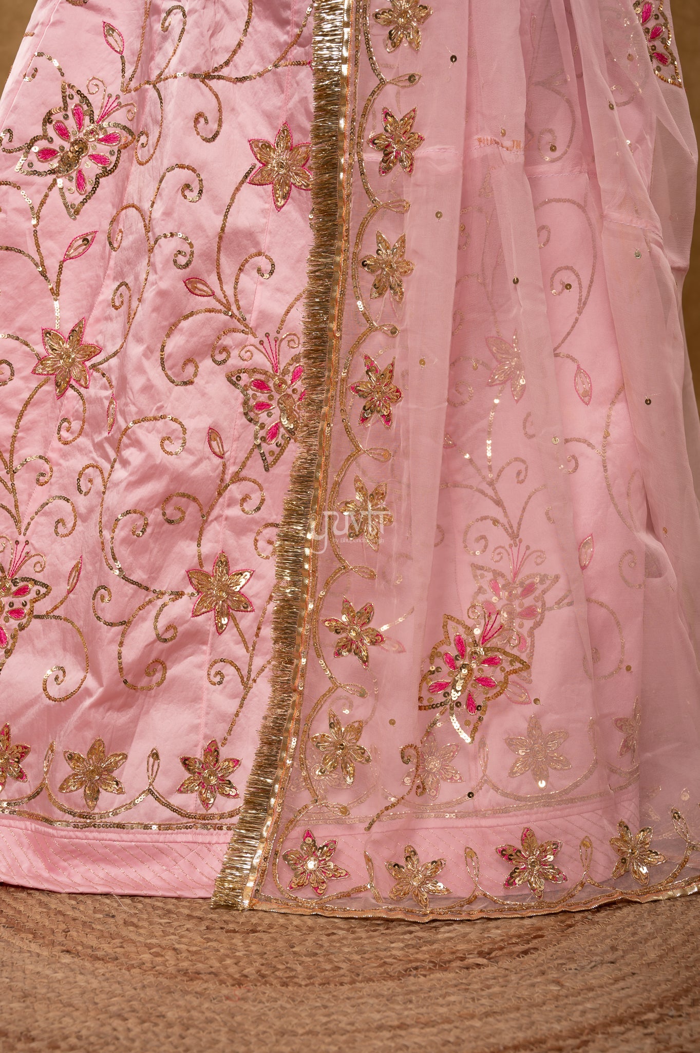 Baby Pink Bamber Satin Zardozi Sequins Handwork  Poshak with Pure Odhana (unstitched)