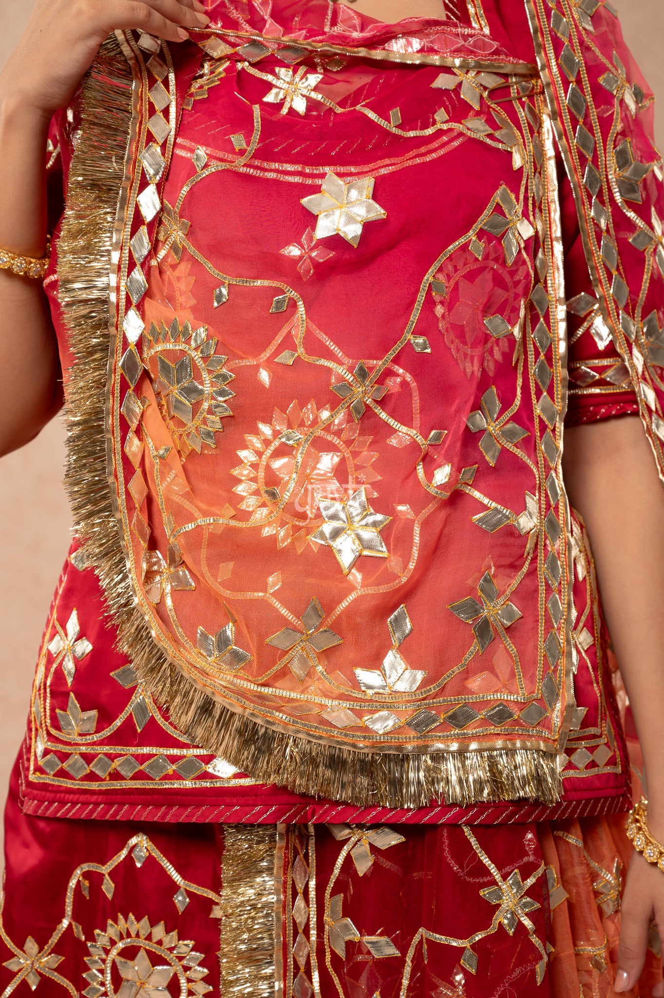 Maroon Bamber Satin Sikhiya Gotta work   Poshak with Pure Multi Colour Odhana (unstitched)