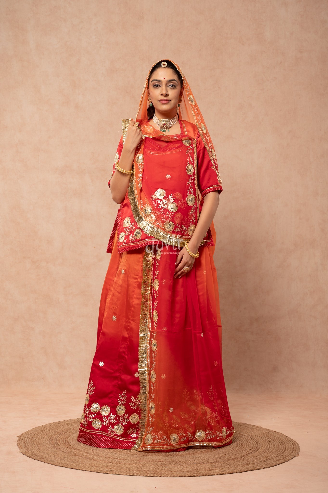 Red-Rust Orange Bamber Satin Sikhiya Gotta Pitan work   Poshak with Pure Shaded Odhana (unstitched)