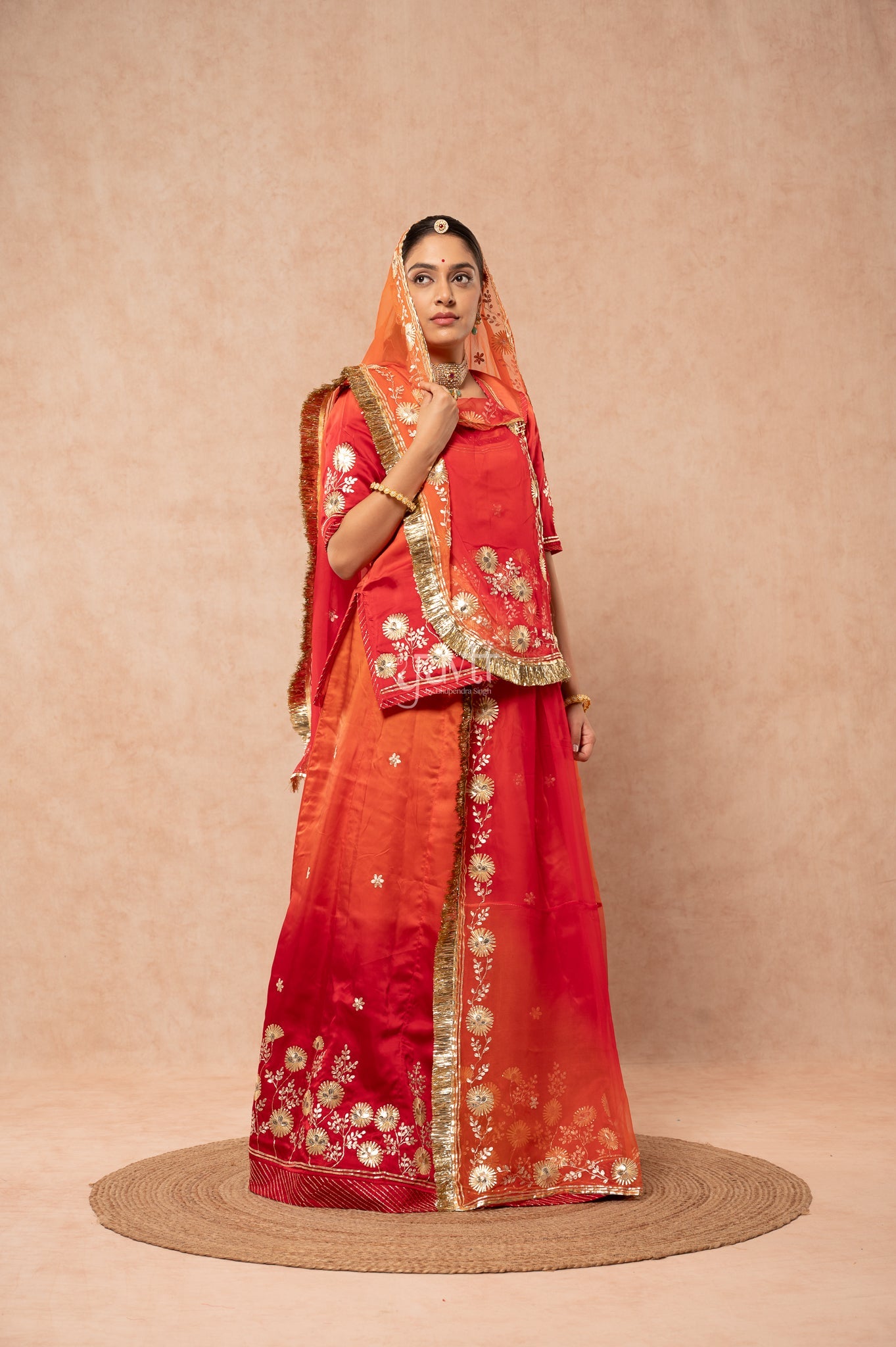 Red-Rust Orange Bamber Satin Sikhiya Gotta Pitan work   Poshak with Pure Shaded Odhana (unstitched)