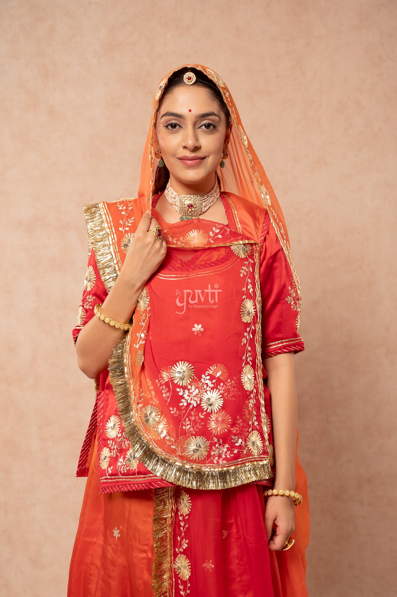 Red-Rust Orange Bamber Satin Sikhiya Gotta Pitan work   Poshak with Pure Shaded Odhana (unstitched)