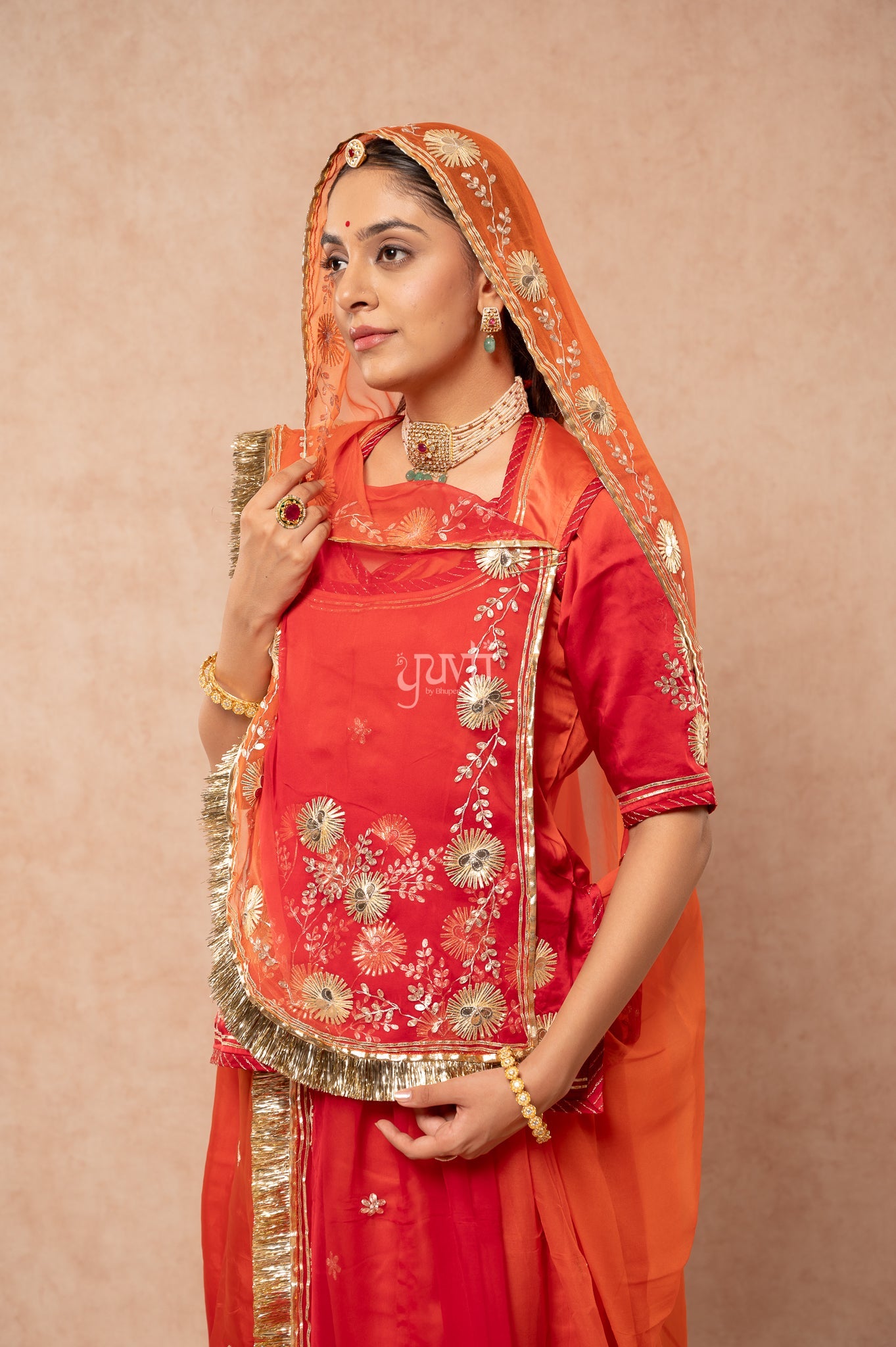 Red-Rust Orange Bamber Satin Sikhiya Gotta Pitan work   Poshak with Pure Shaded Odhana (unstitched)