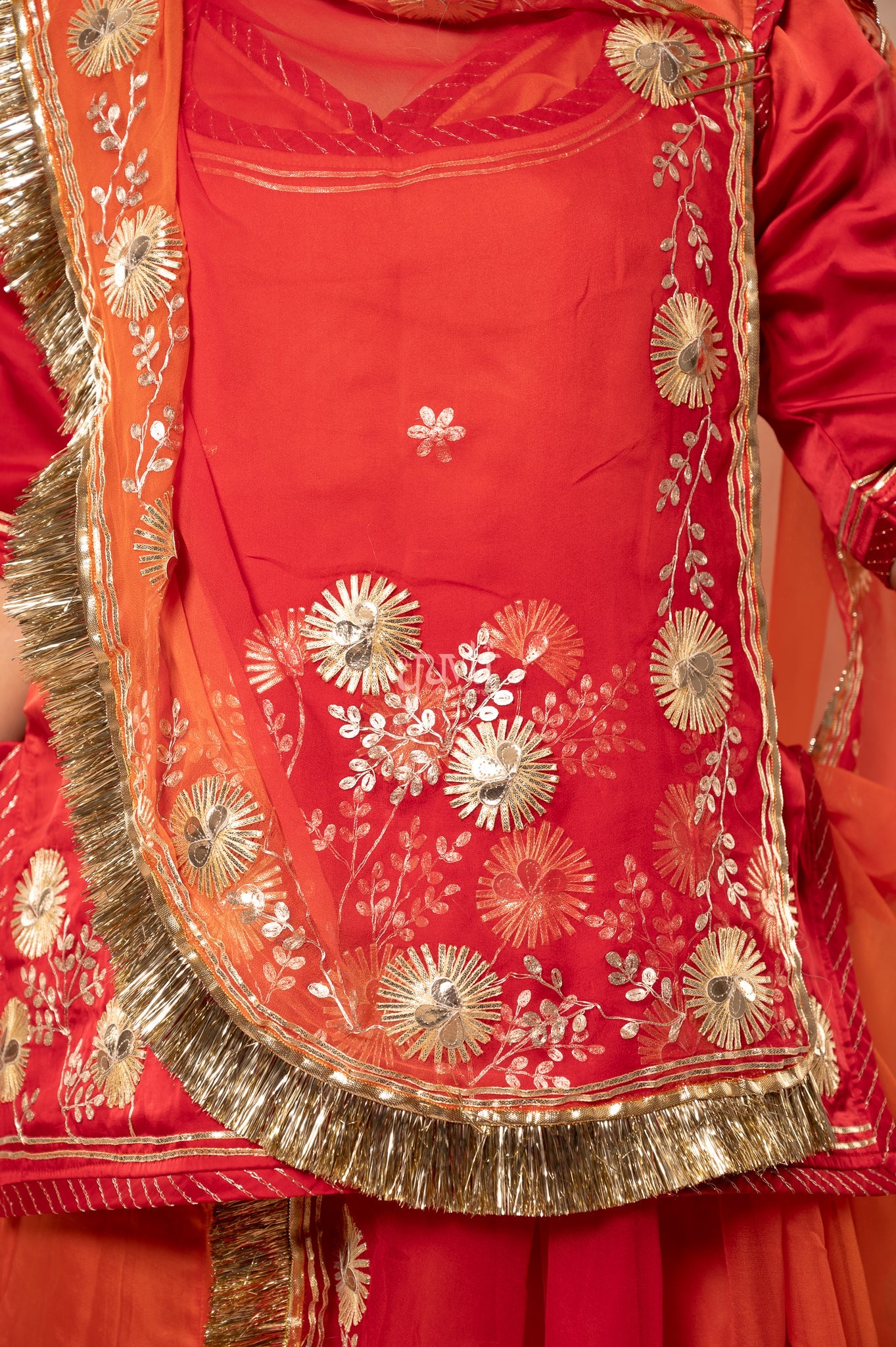 Red-Rust Orange Bamber Satin Sikhiya Gotta Pitan work   Poshak with Pure Shaded Odhana (unstitched)