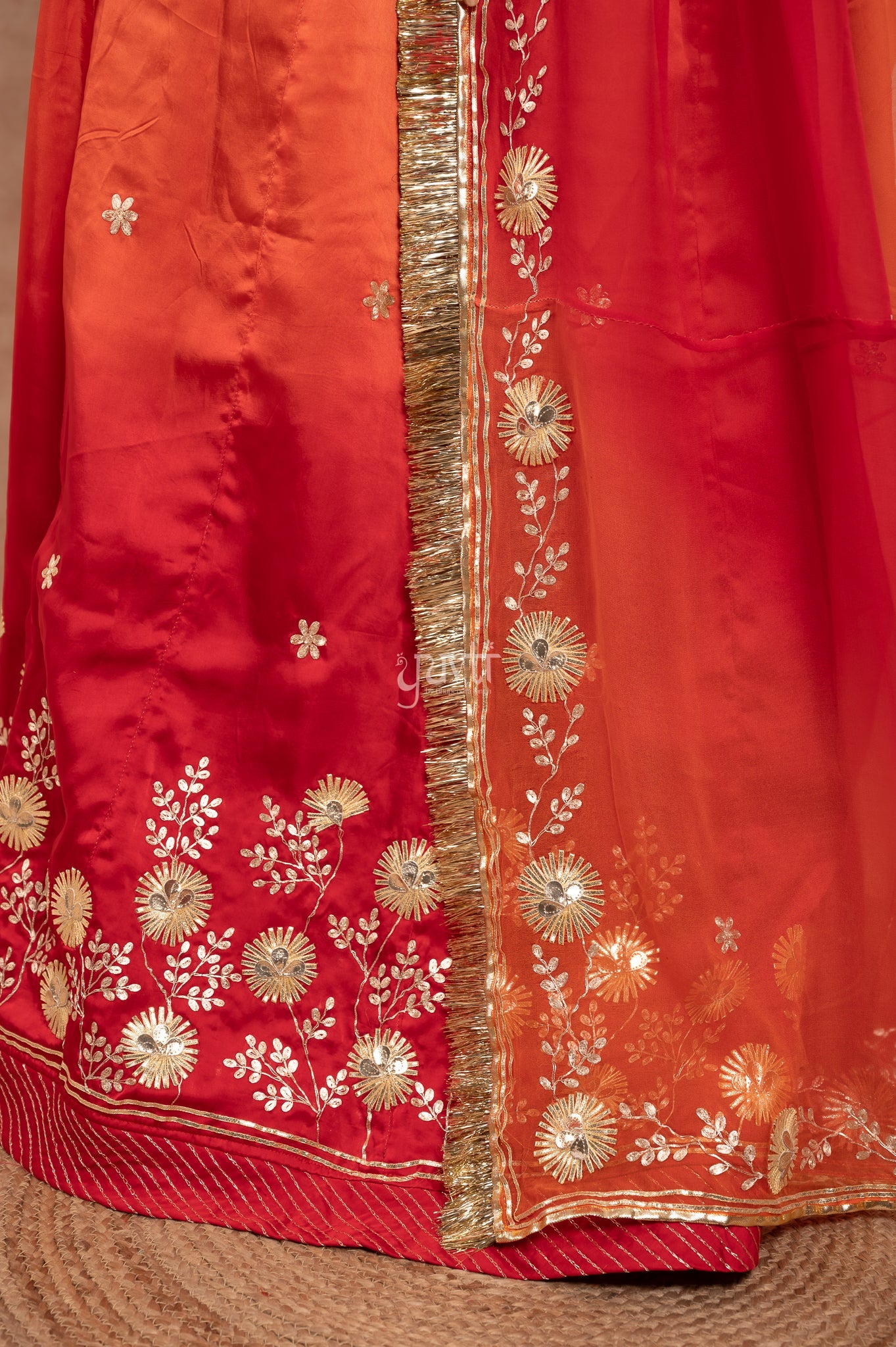 Red-Rust Orange Bamber Satin Sikhiya Gotta Pitan work   Poshak with Pure Shaded Odhana (unstitched)
