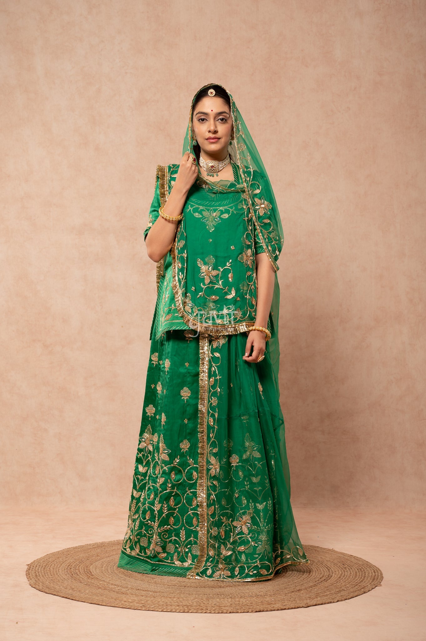 Green Bamber Satin Aari Zardozi Sequins Handwork  Poshak with Pure Odhana (unstitched)