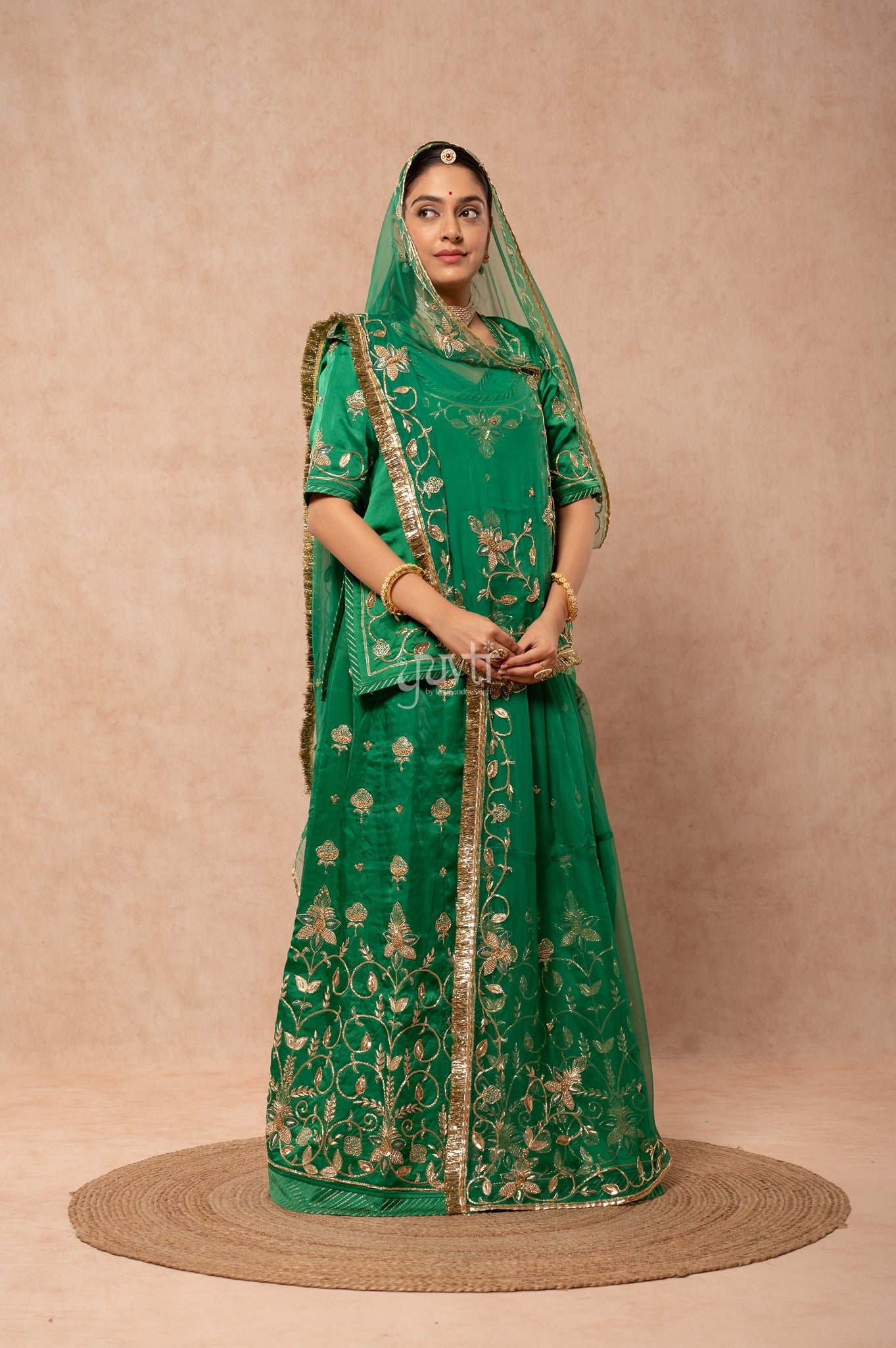 Green Bamber Satin Aari Zardozi Sequins Handwork  Poshak with Pure Odhana (unstitched)