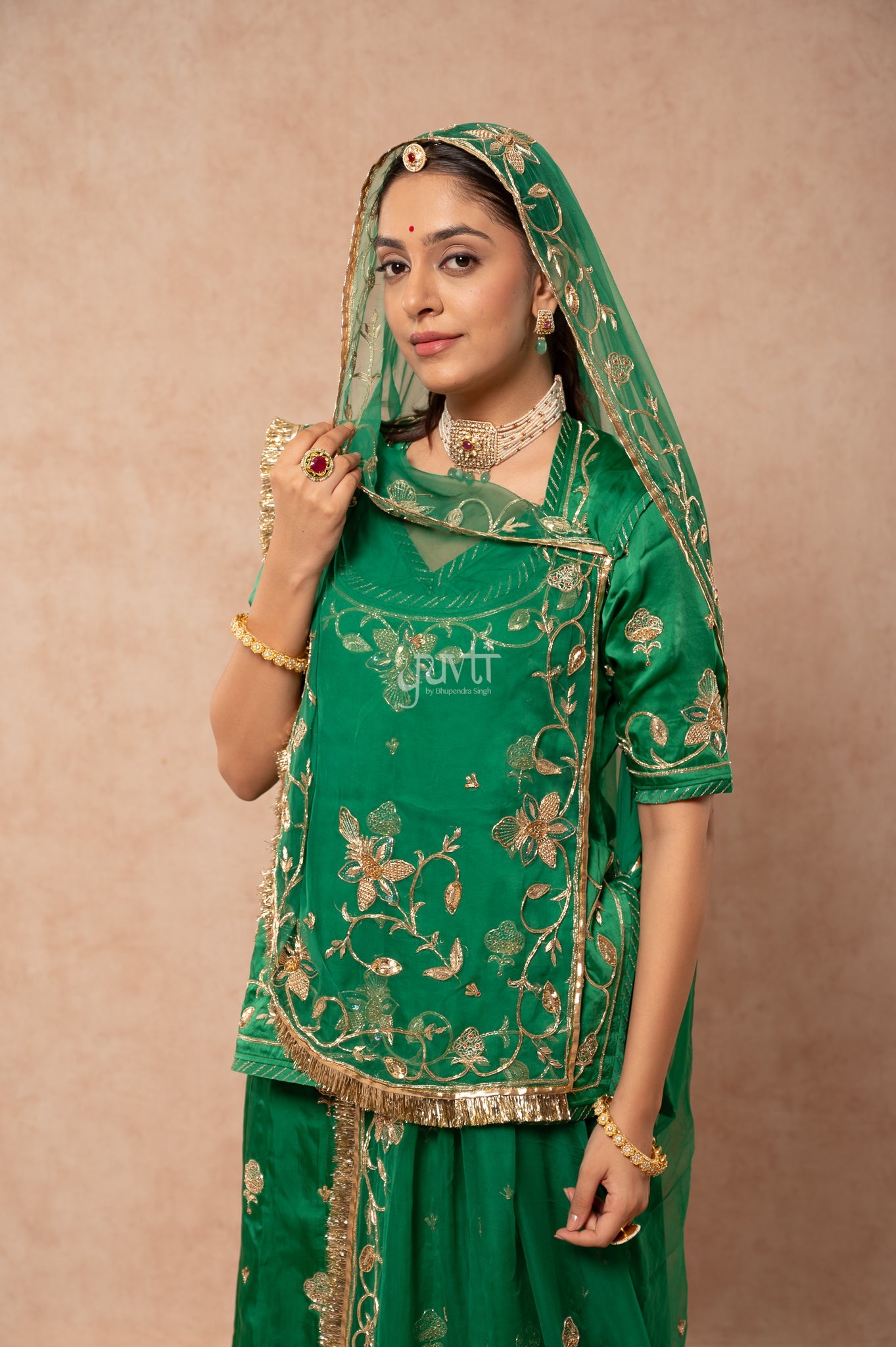 Green Bamber Satin Aari Zardozi Sequins Handwork  Poshak with Pure Odhana (unstitched)