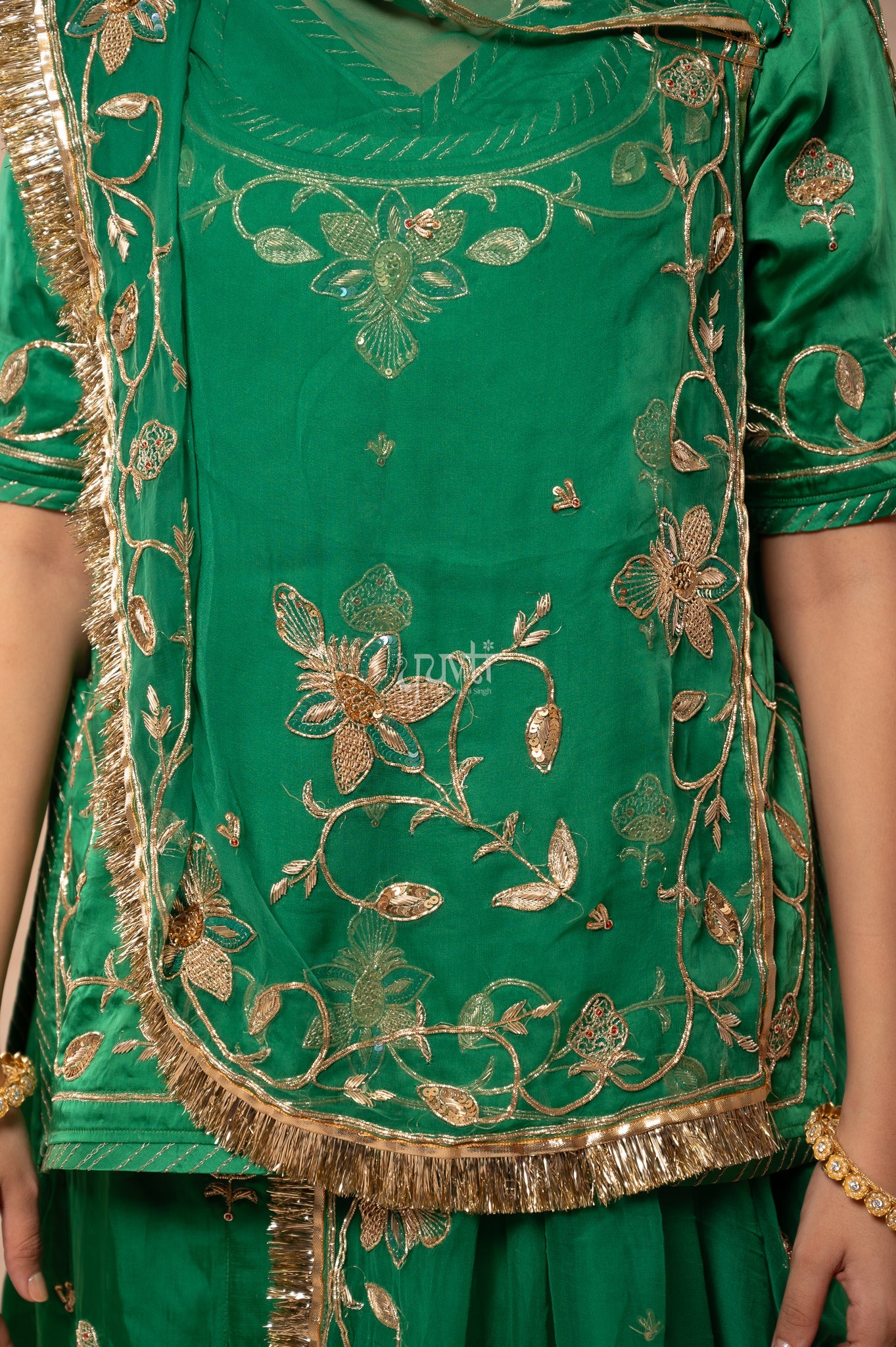 Green Bamber Satin Aari Zardozi Sequins Handwork  Poshak with Pure Odhana (unstitched)