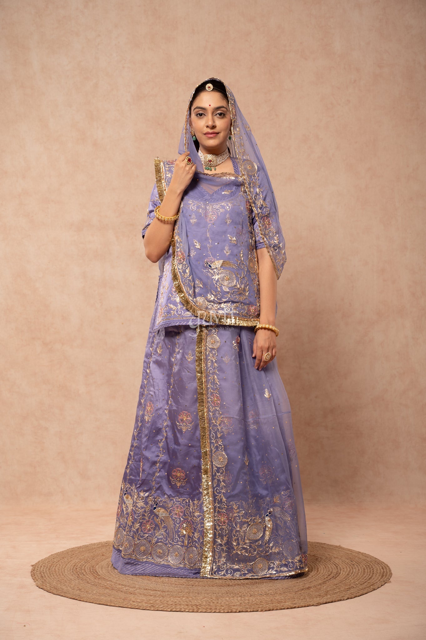 Lavender Bamber Satin Aari Zardozi Sequins Handwork  Poshak with Pure Odhana (unstitched)