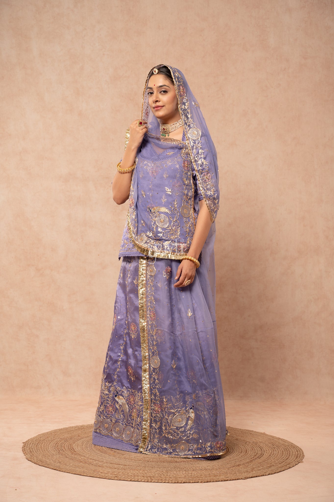 Lavender Bamber Satin Aari Zardozi Sequins Handwork  Poshak with Pure Odhana (unstitched)