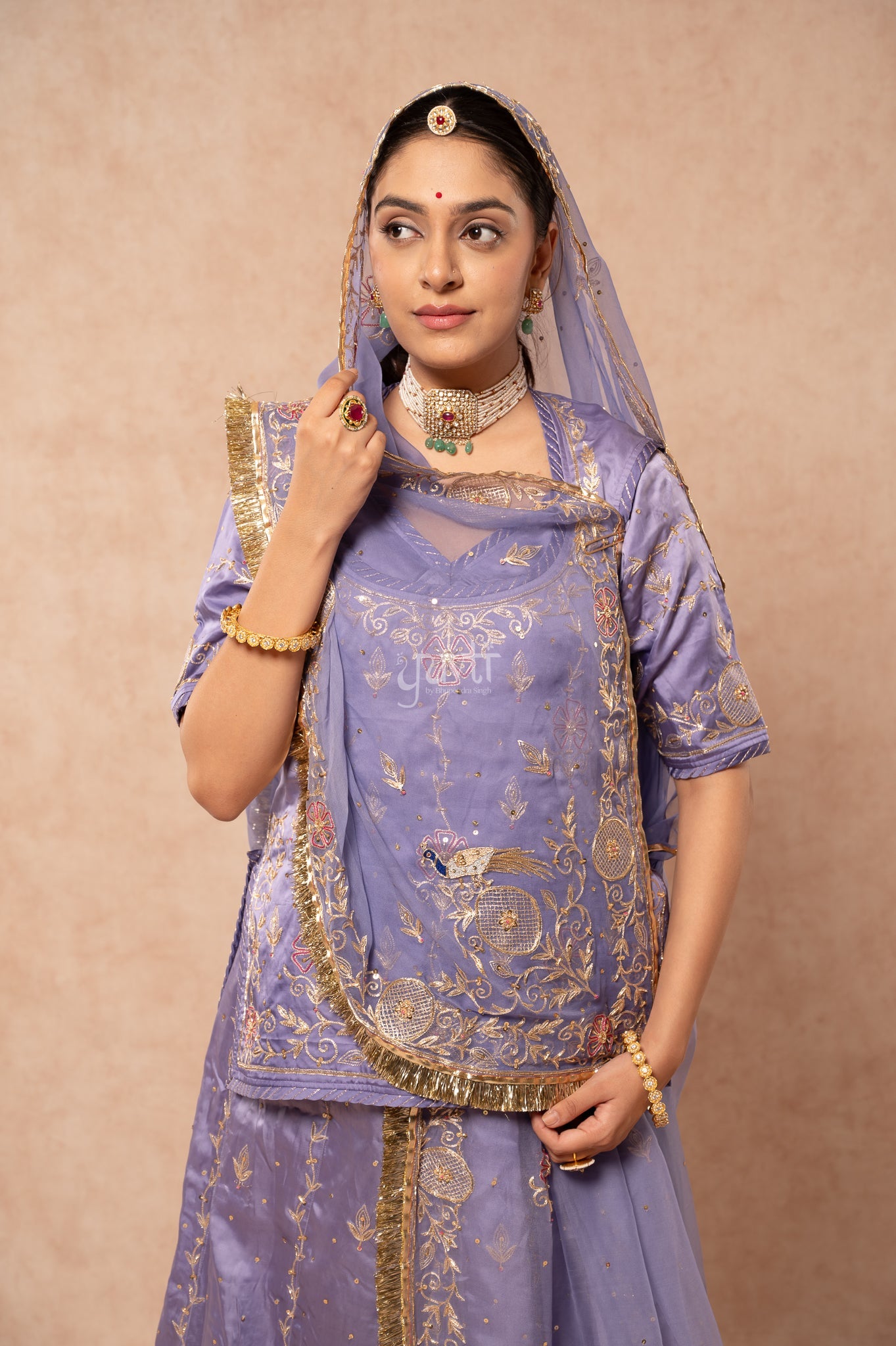 Lavender Bamber Satin Aari Zardozi Sequins Handwork  Poshak with Pure Odhana (unstitched)
