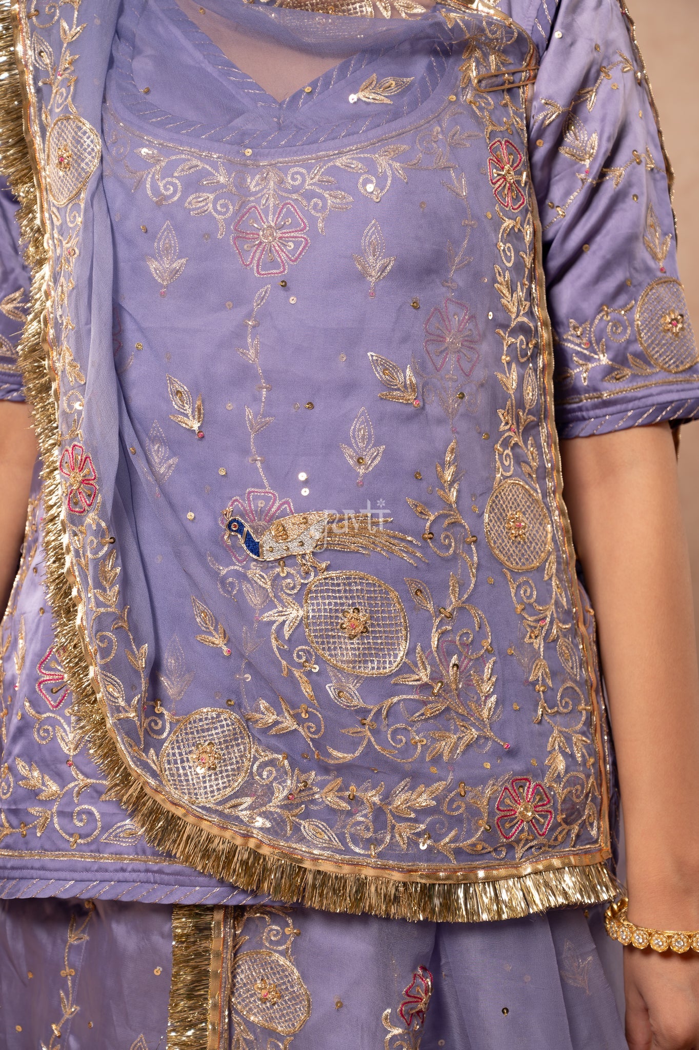 Lavender Bamber Satin Aari Zardozi Sequins Handwork  Poshak with Pure Odhana (unstitched)