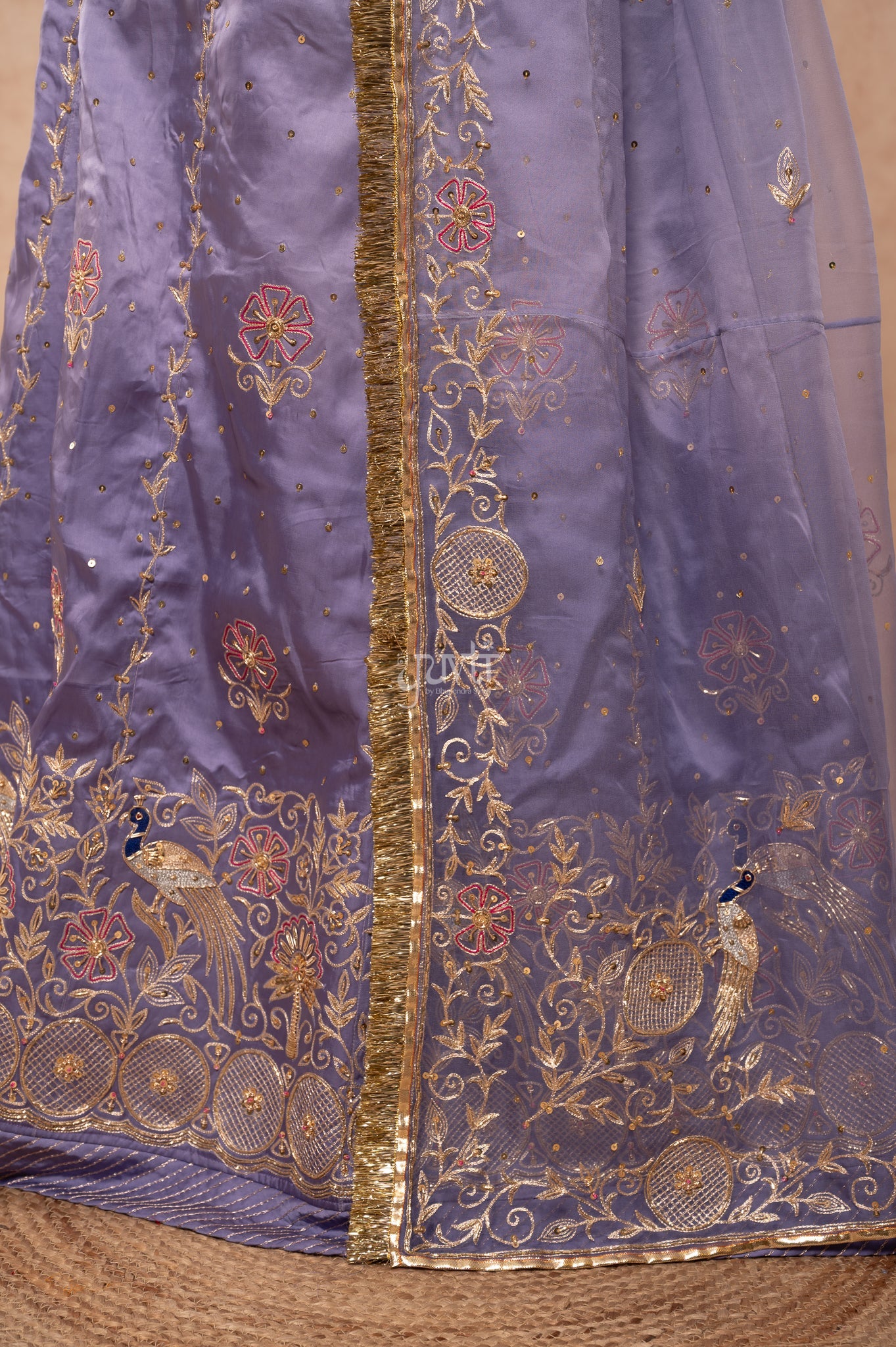 Lavender Bamber Satin Aari Zardozi Sequins Handwork  Poshak with Pure Odhana (unstitched)