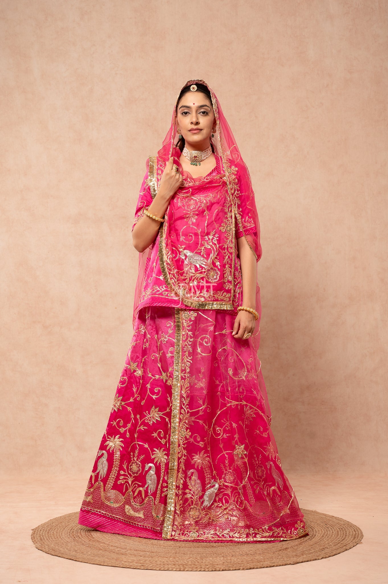 Rani Bamber Satin Aari Sequins Zardozi Handwork  Poshak with Pure Odhana (unstitched)