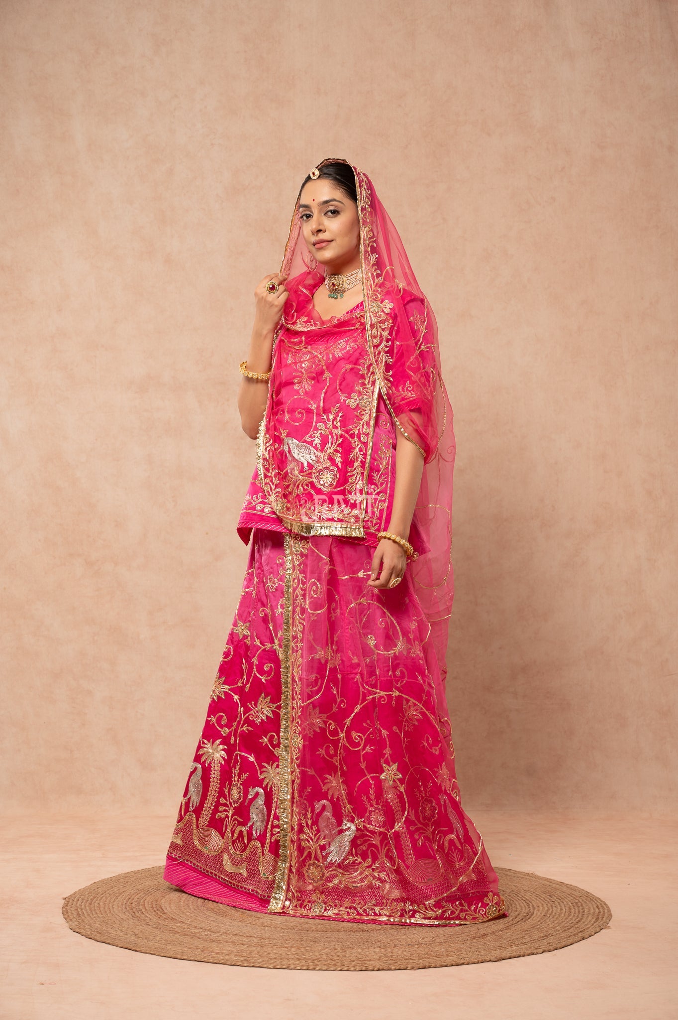 Rani Bamber Satin Aari Sequins Zardozi Handwork  Poshak with Pure Odhana (unstitched)