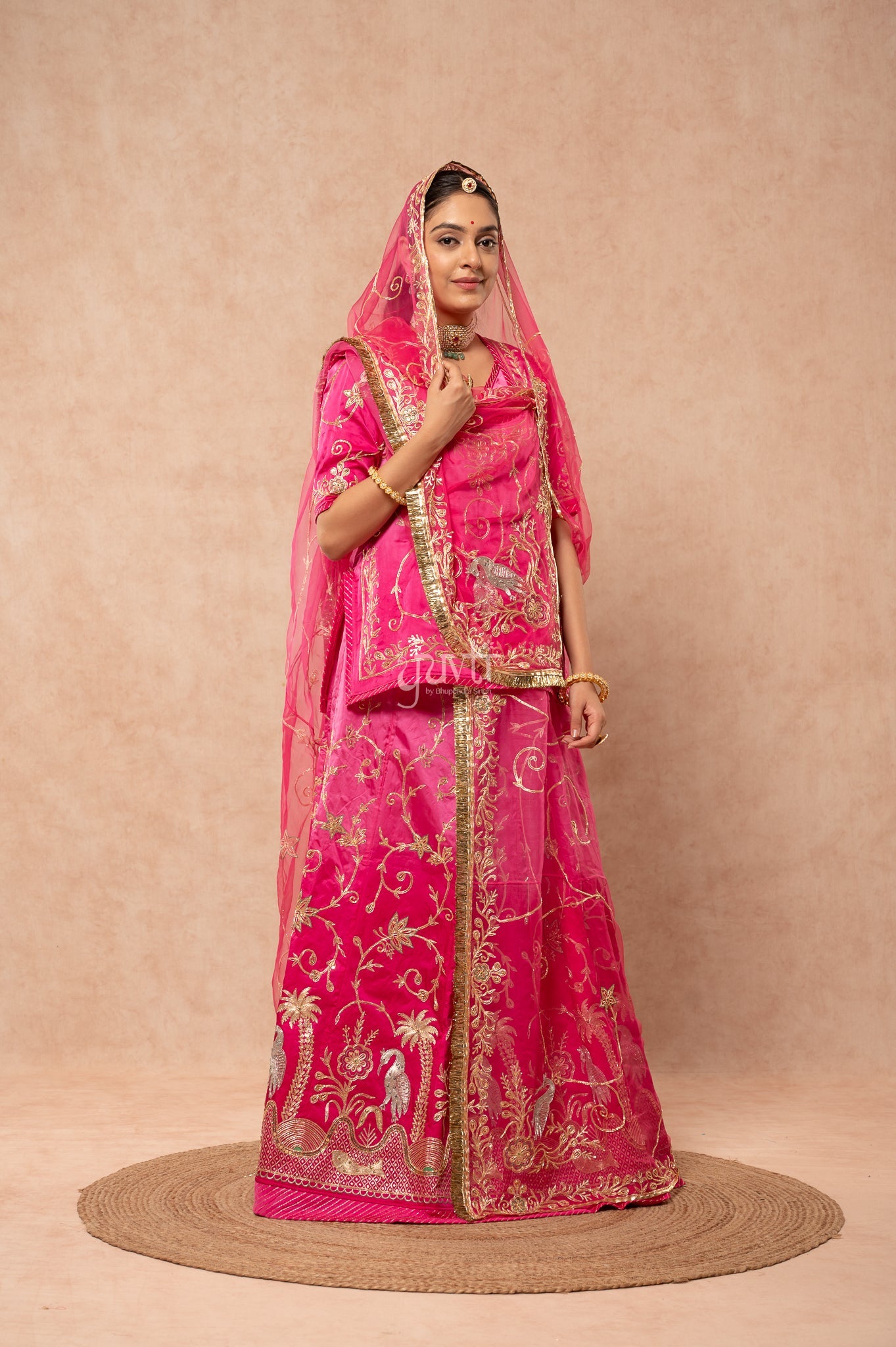 Rani Bamber Satin Aari Sequins Zardozi Handwork  Poshak with Pure Odhana (unstitched)