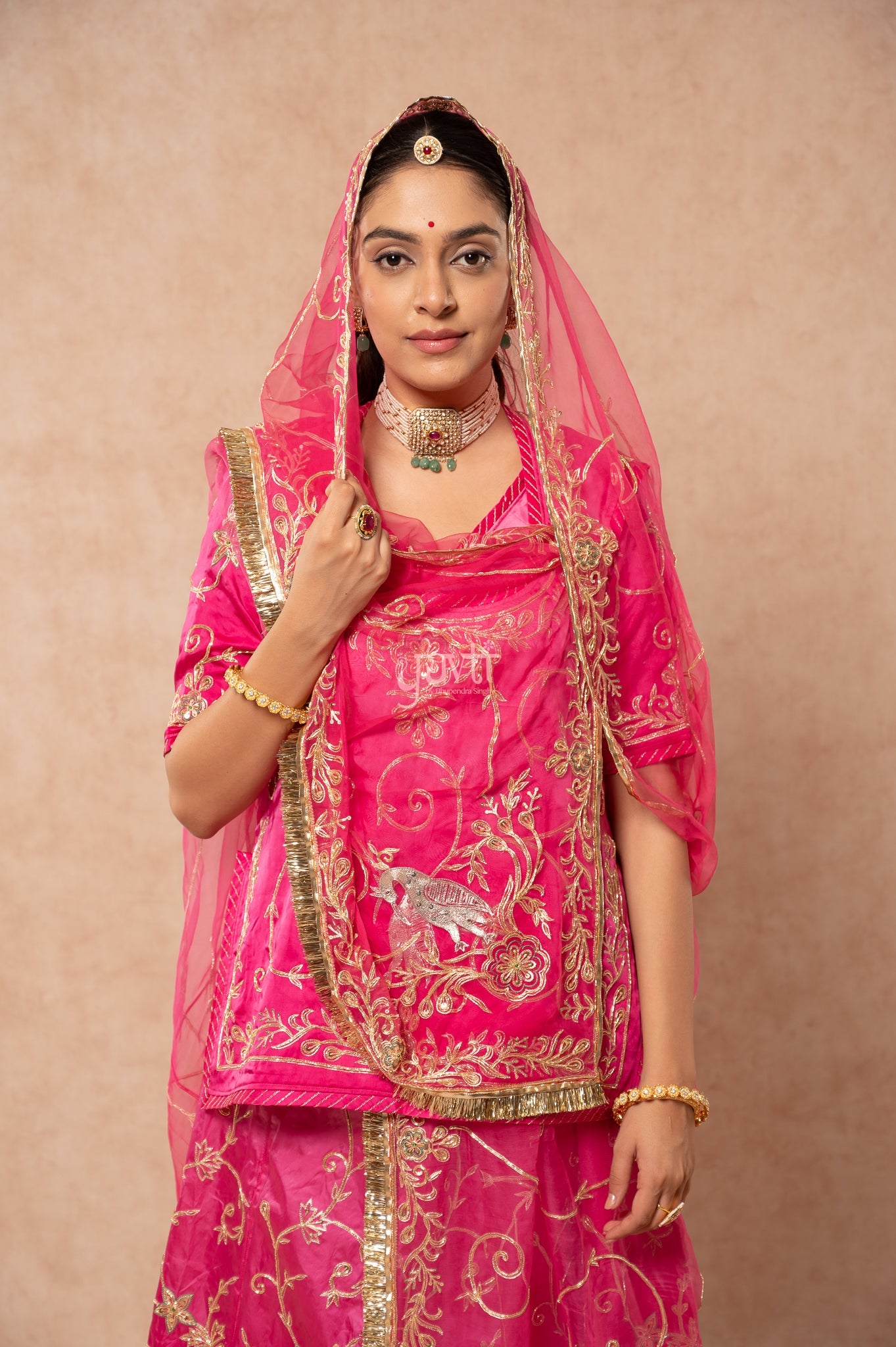 Rani Bamber Satin Aari Sequins Zardozi Handwork  Poshak with Pure Odhana (unstitched)