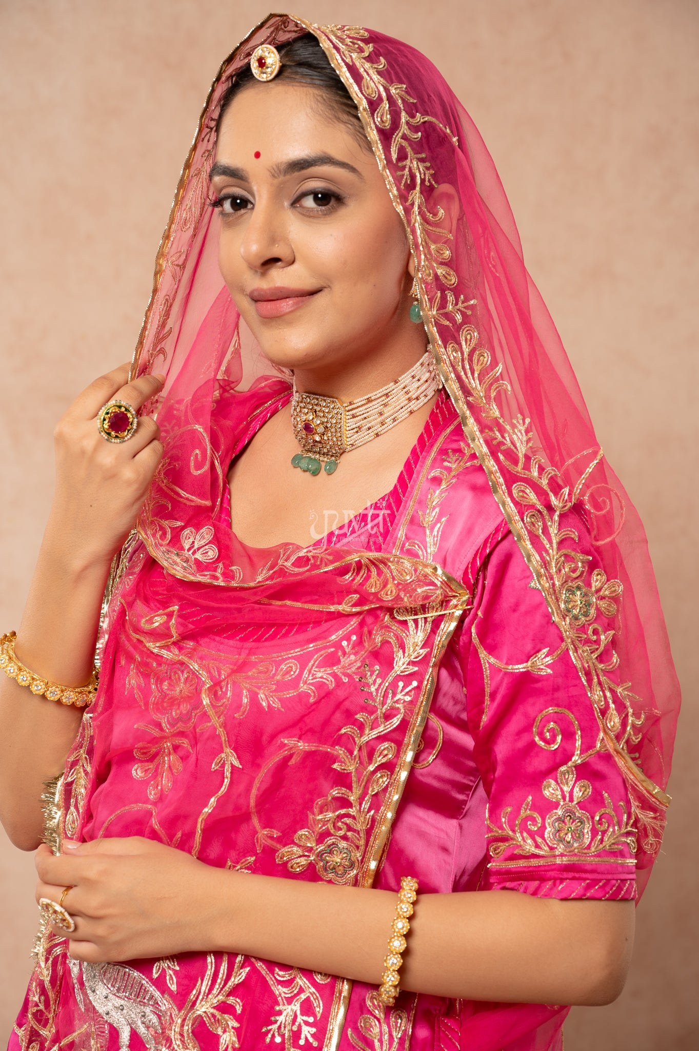 Rani Bamber Satin Aari Sequins Zardozi Handwork  Poshak with Pure Odhana (unstitched)