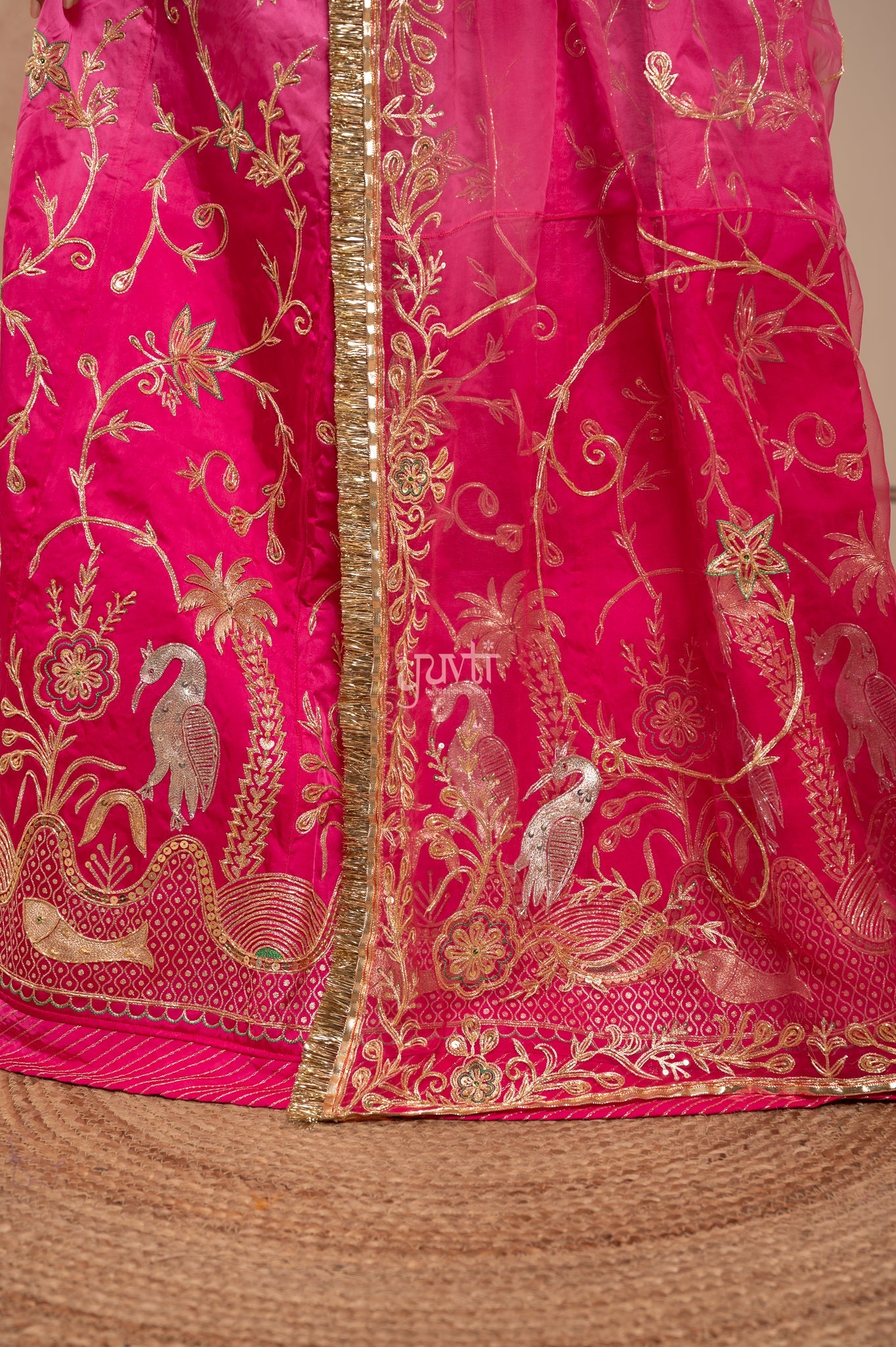 Rani Bamber Satin Aari Sequins Zardozi Handwork  Poshak with Pure Odhana (unstitched)