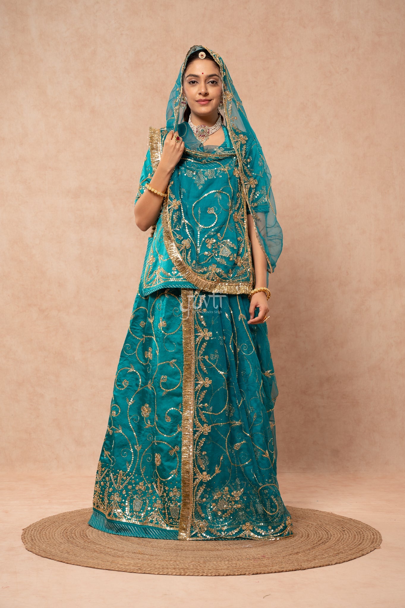 Rama Green Bamber Satin Zardozi Sequins Handwork  Poshak with Pure Odhana (unstitched)