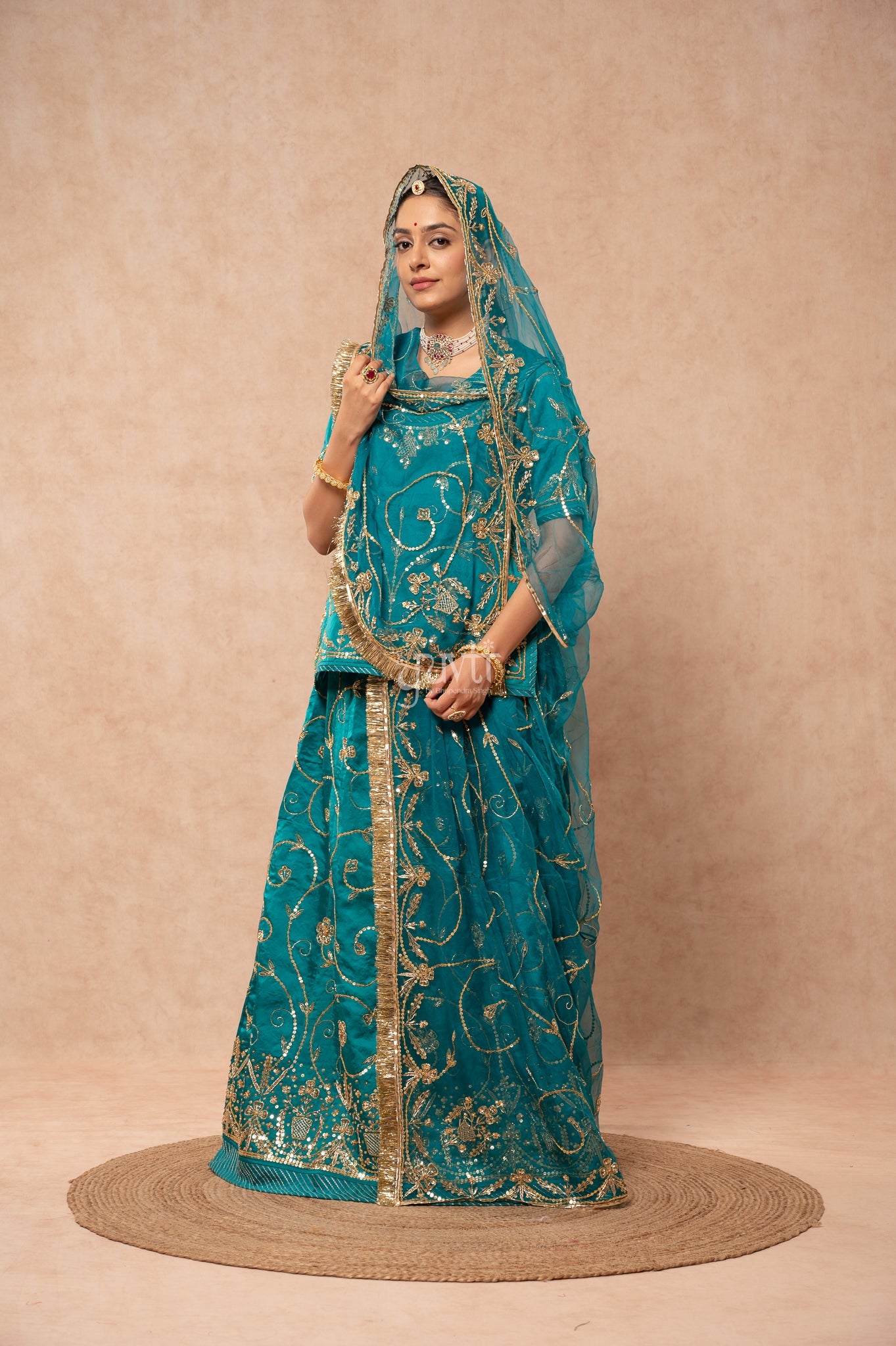 Rama Green Bamber Satin Zardozi Sequins Handwork  Poshak with Pure Odhana (unstitched)