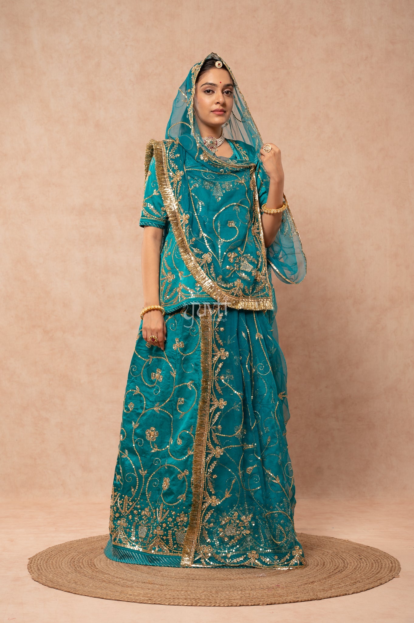Rama Green Bamber Satin Zardozi Sequins Handwork  Poshak with Pure Odhana (unstitched)