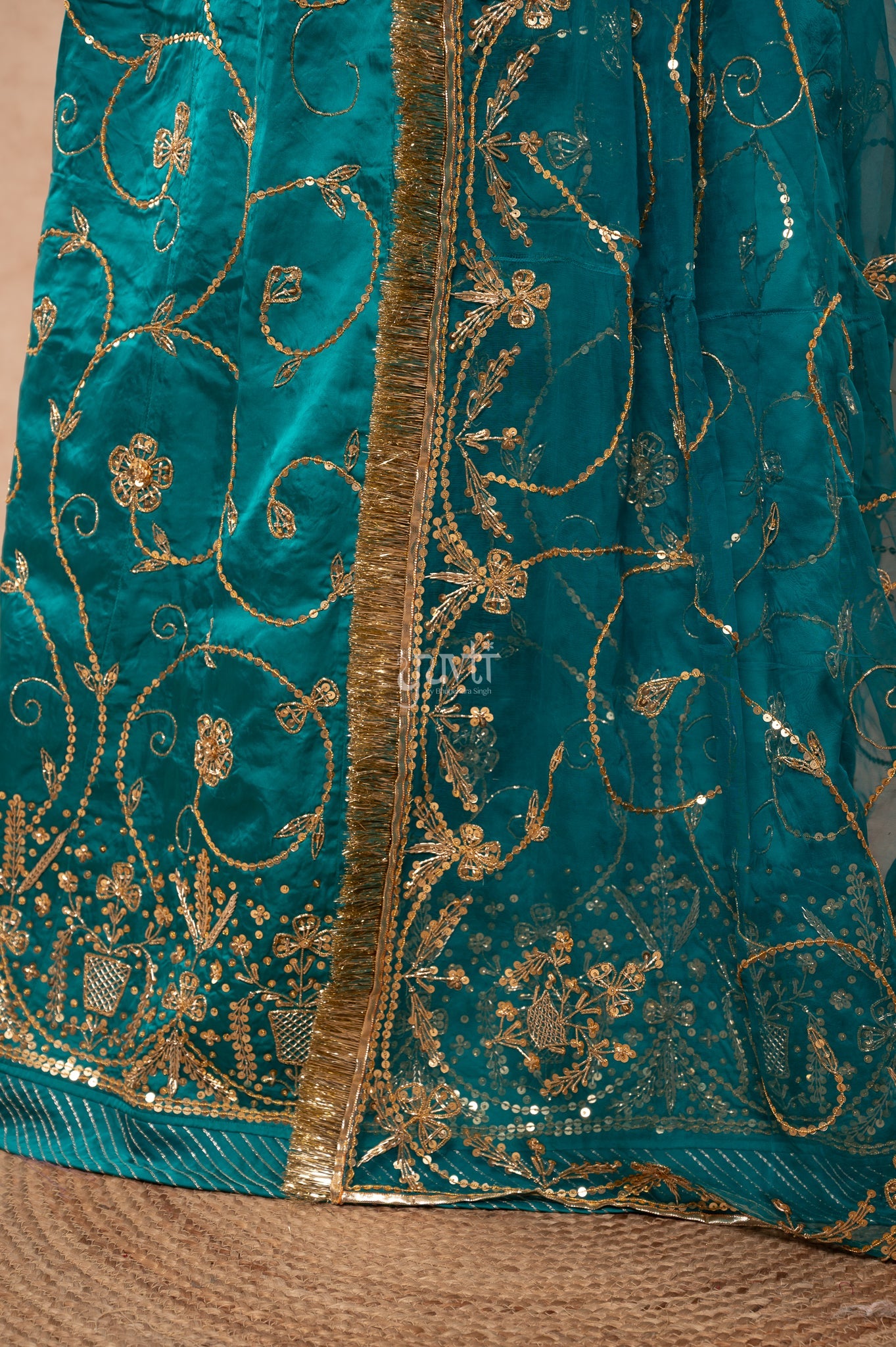 Rama Green Bamber Satin Zardozi Sequins Handwork  Poshak with Pure Odhana (unstitched)