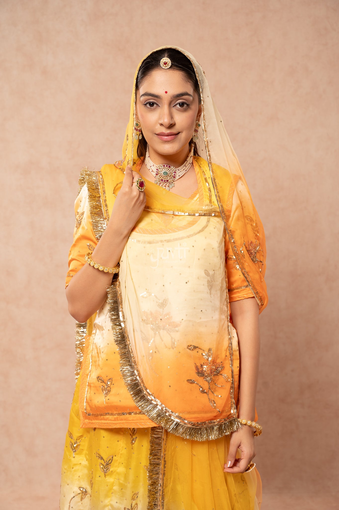 Yellow Peach Bamber Satin Sequins  Handwork  Poshak with Pure Multi Shaded Odhana (unstitched)