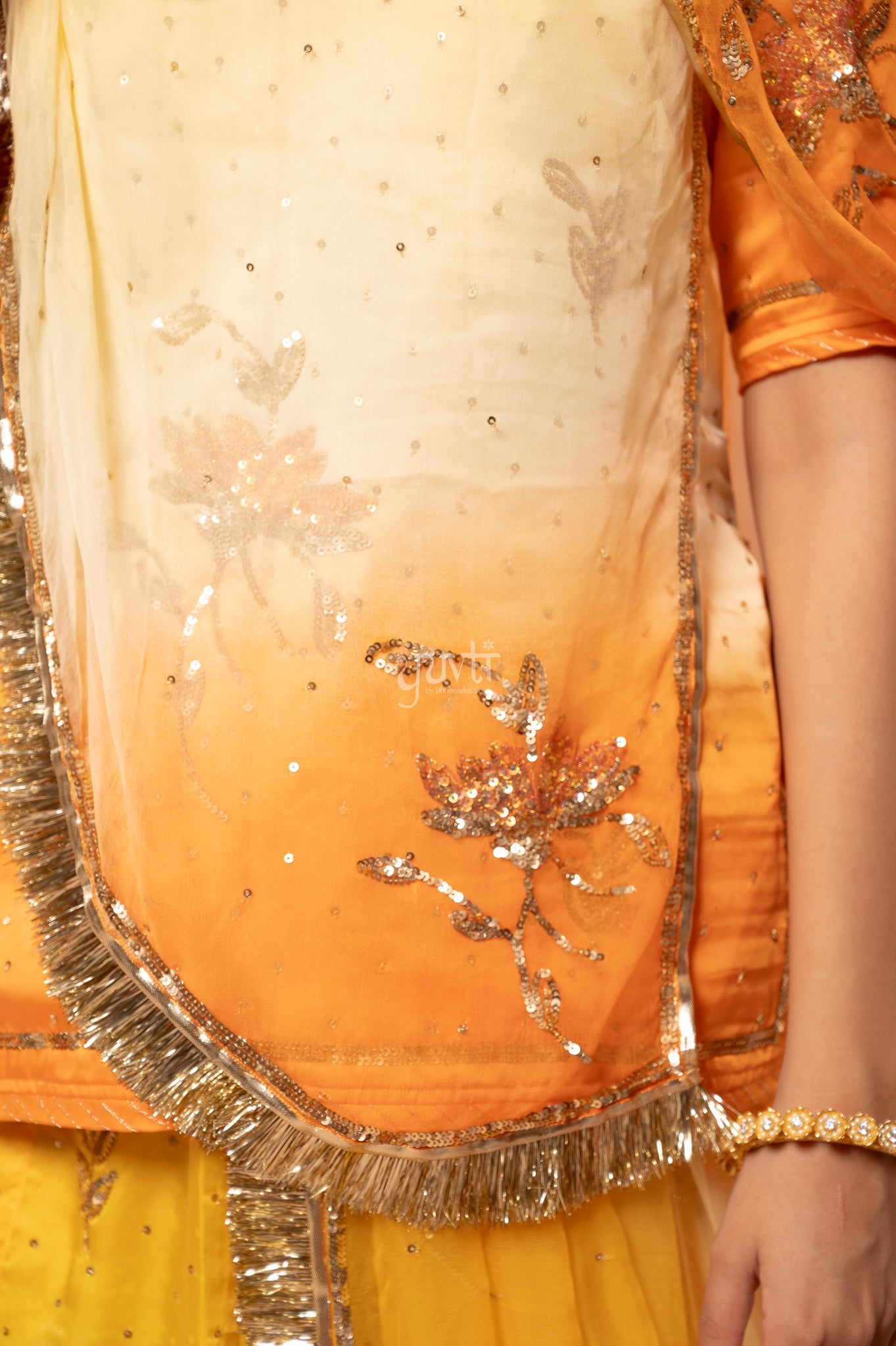 Yellow Peach Bamber Satin Sequins  Handwork  Poshak with Pure Multi Shaded Odhana (unstitched)