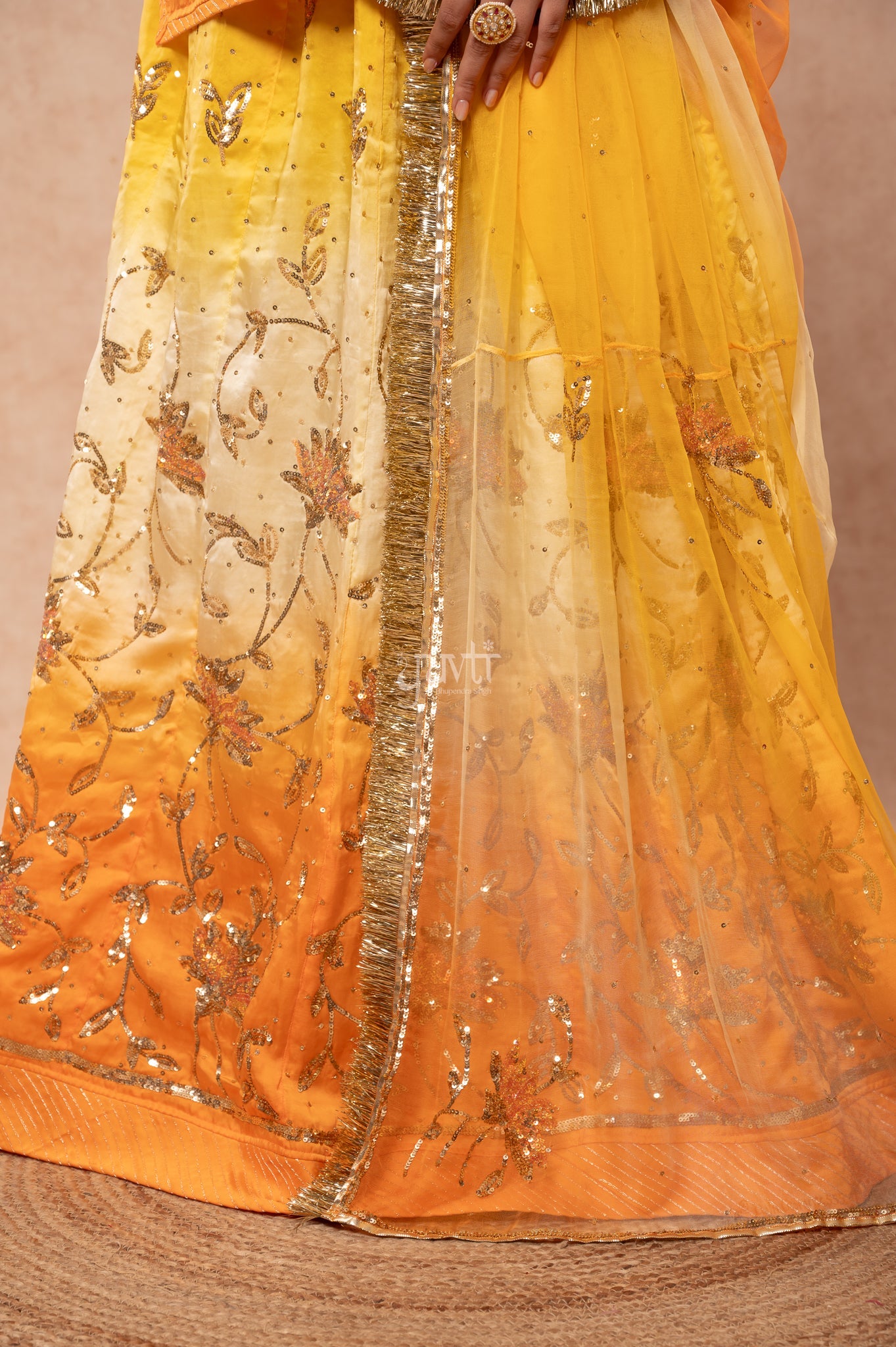 Yellow Peach Bamber Satin Sequins  Handwork  Poshak with Pure Multi Shaded Odhana (unstitched)