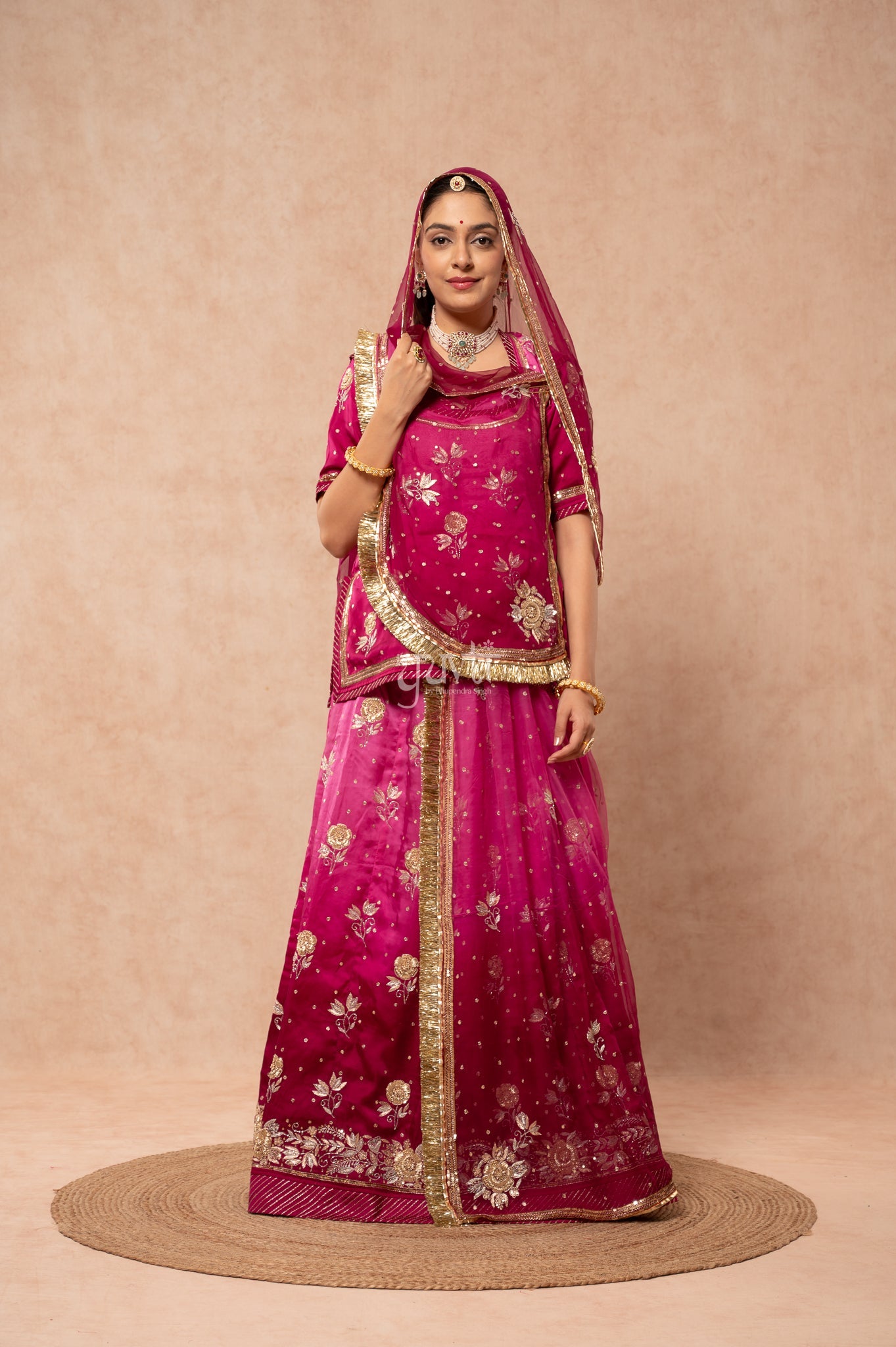 Wine Shaded Bamber Satin Aari Zardozi Sequins Handwork  Poshak with Pure Odhana (unstitched)