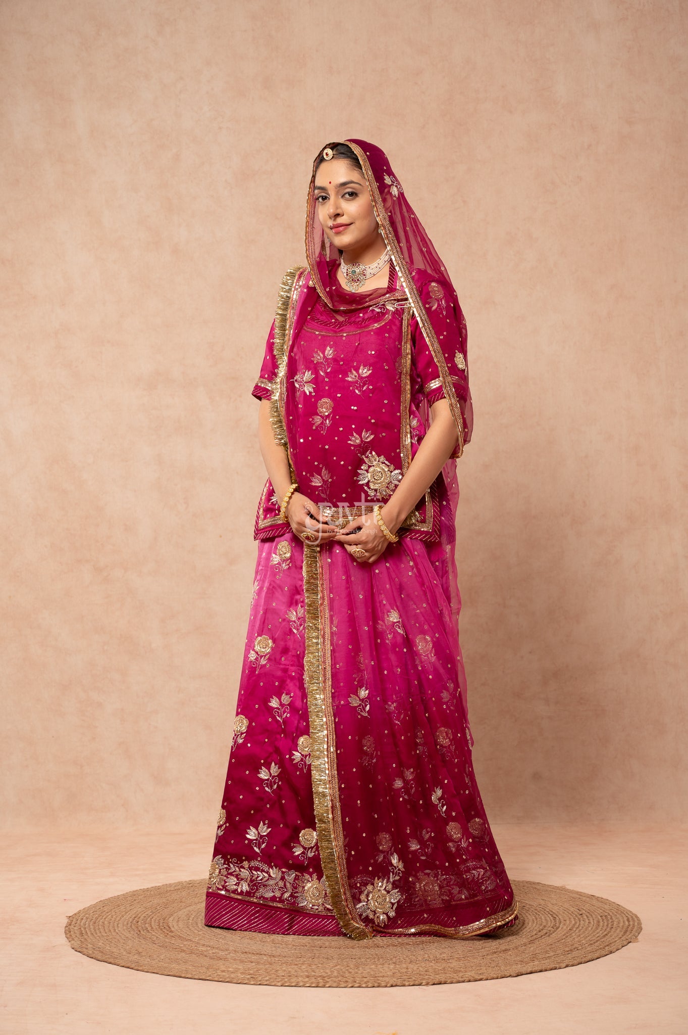 Wine Shaded Bamber Satin Aari Zardozi Sequins Handwork  Poshak with Pure Odhana (unstitched)