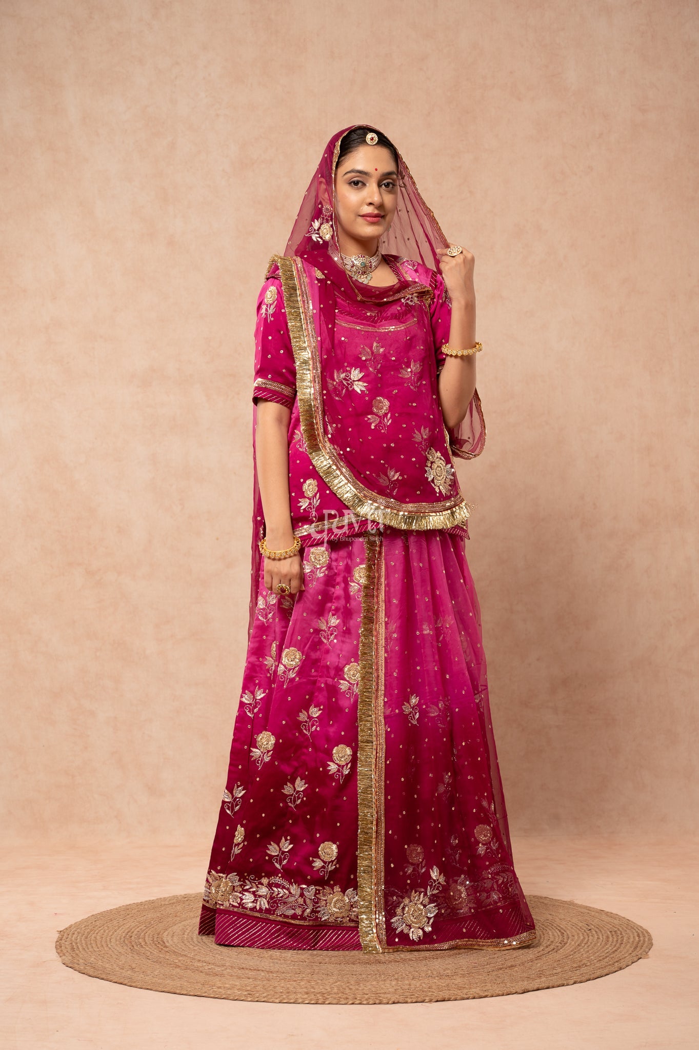 Wine Shaded Bamber Satin Aari Zardozi Sequins Handwork  Poshak with Pure Odhana (unstitched)