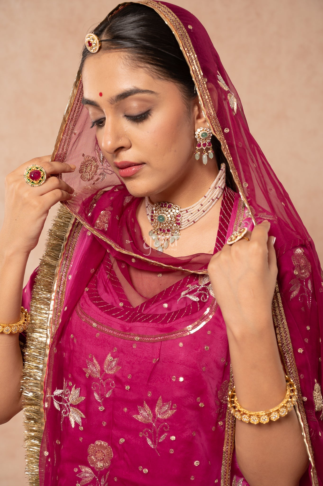 Wine Shaded Bamber Satin Aari Zardozi Sequins Handwork  Poshak with Pure Odhana (unstitched)