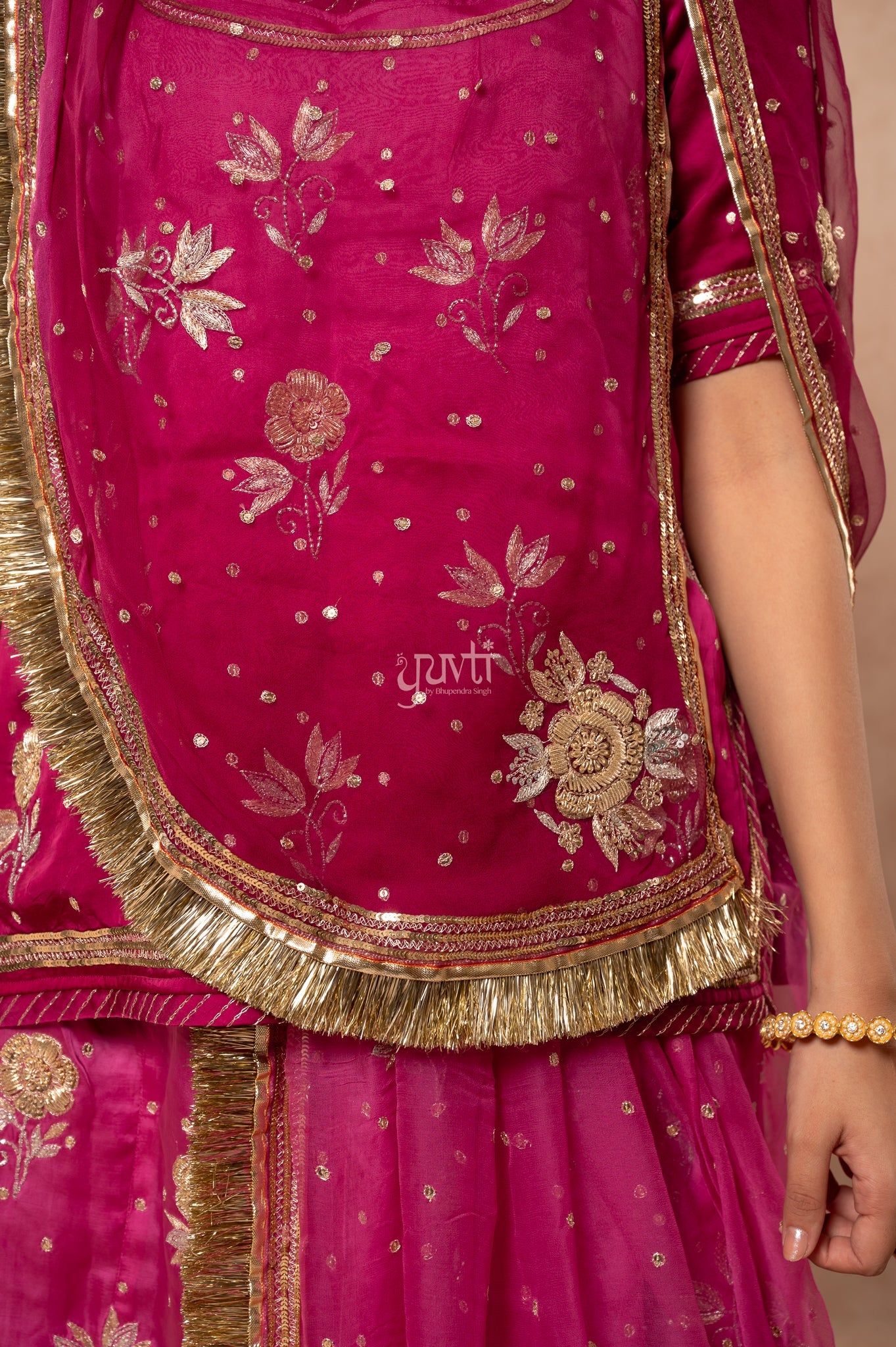 Wine Shaded Bamber Satin Aari Zardozi Sequins Handwork  Poshak with Pure Odhana (unstitched)