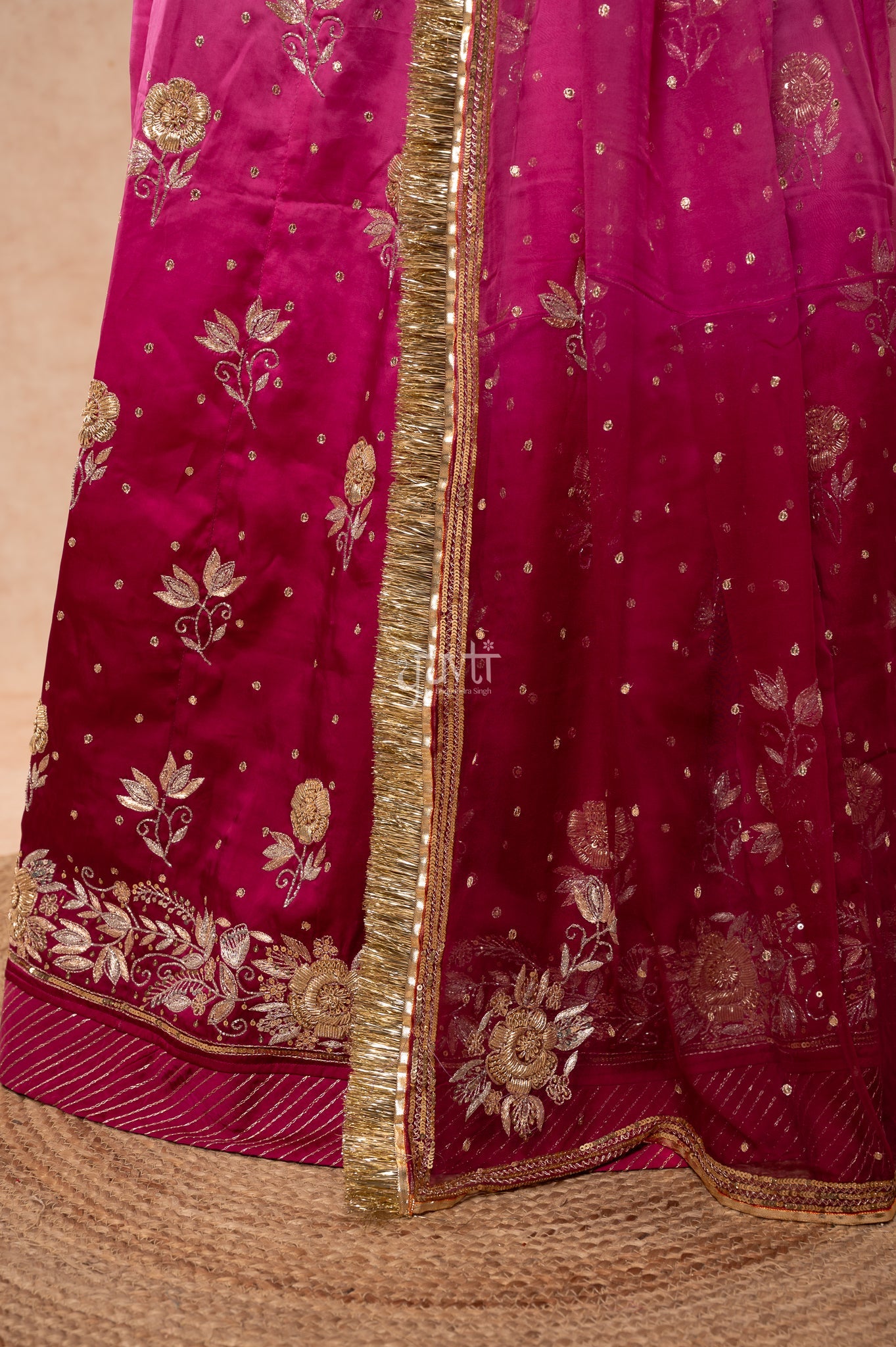 Wine Shaded Bamber Satin Aari Zardozi Sequins Handwork  Poshak with Pure Odhana (unstitched)