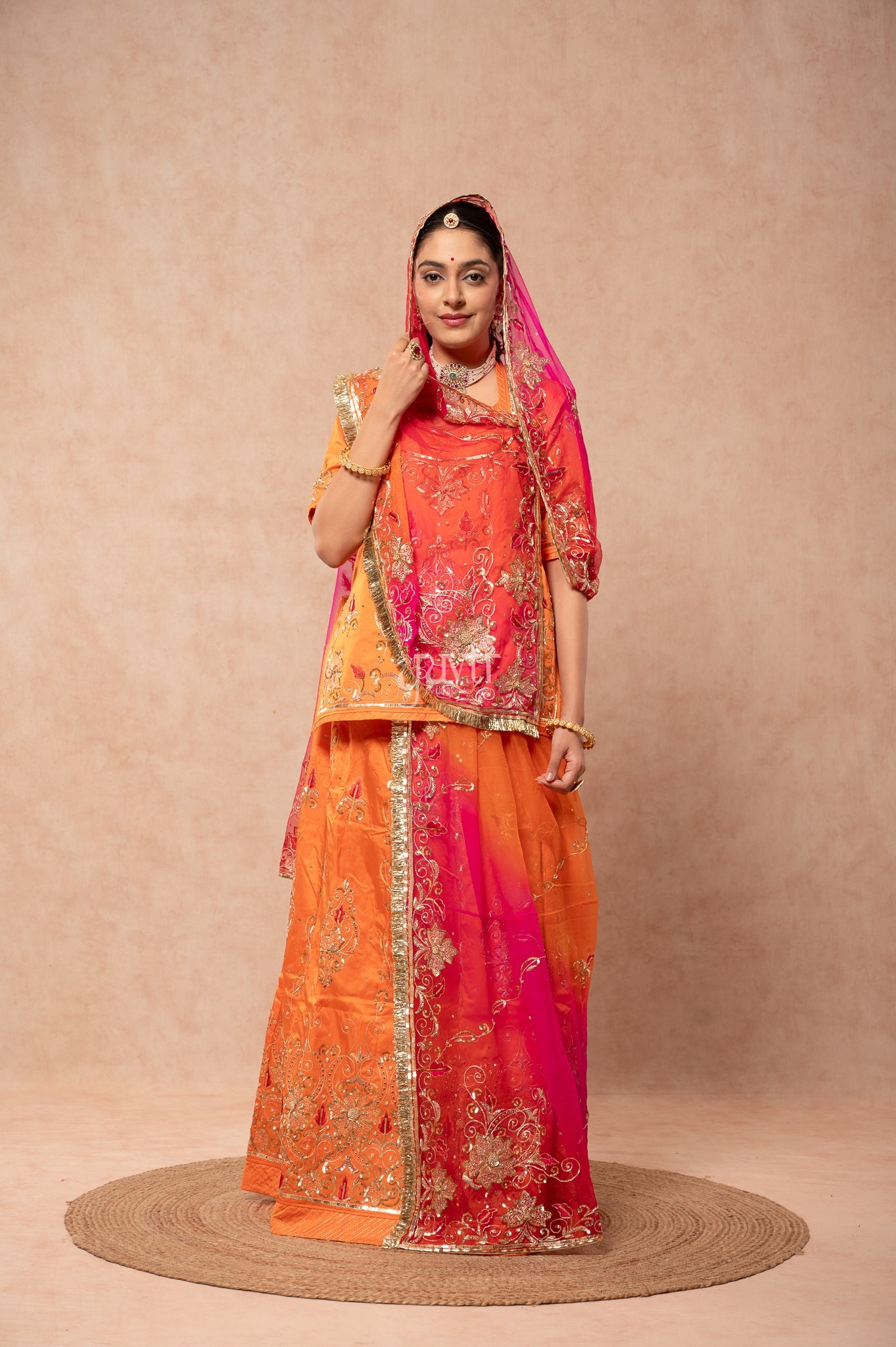 Orange Bamber Satin Aari Sequins Resham Zardozi Handwork  Poshak with Pure Multi Odhana (unstitched)