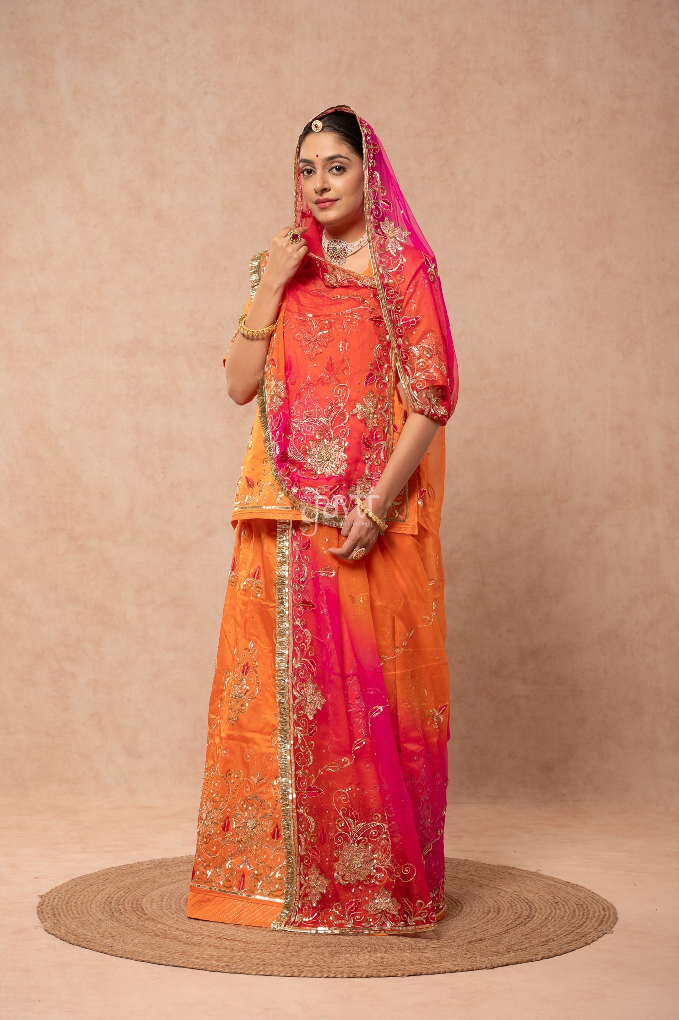 Orange Bamber Satin Aari Sequins Resham Zardozi Handwork  Poshak with Pure Multi Odhana (unstitched)