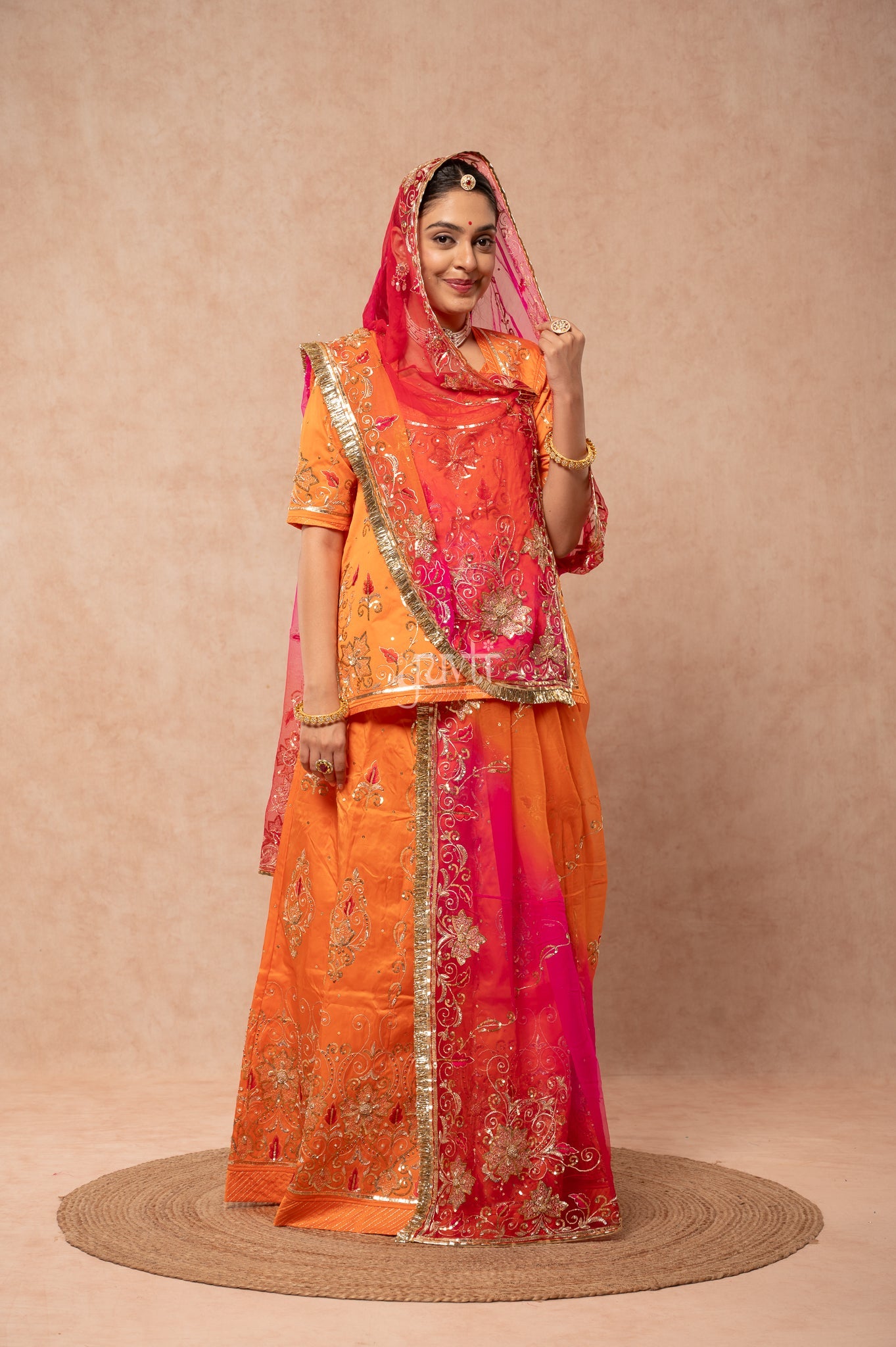 Orange Bamber Satin Aari Sequins Resham Zardozi Handwork  Poshak with Pure Multi Odhana (unstitched)