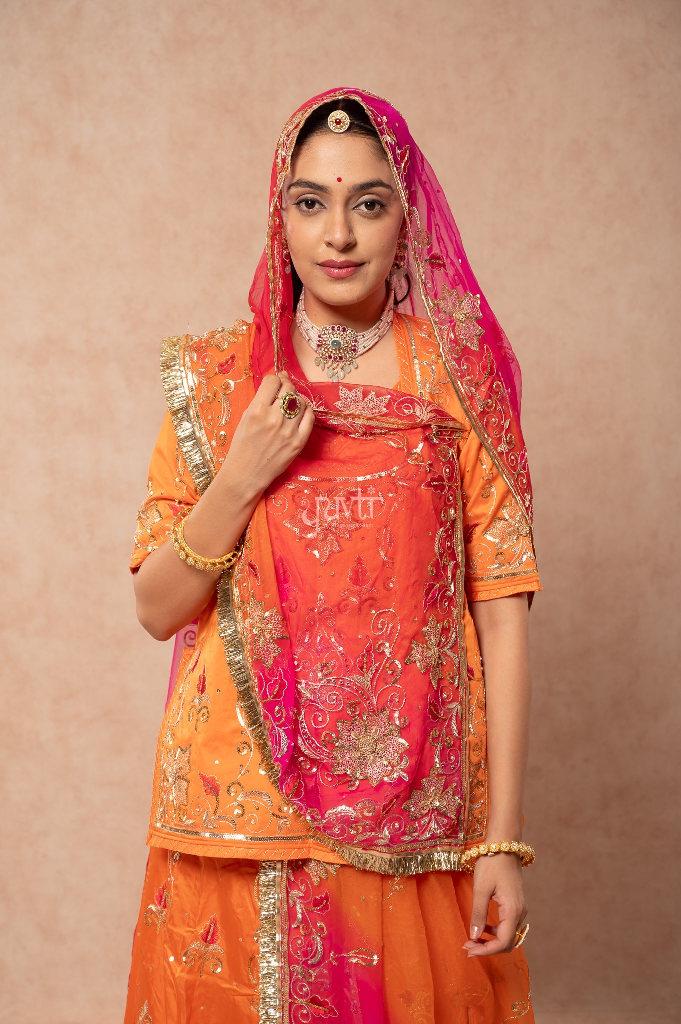 Orange Bamber Satin Aari Sequins Resham Zardozi Handwork  Poshak with Pure Multi Odhana (unstitched)