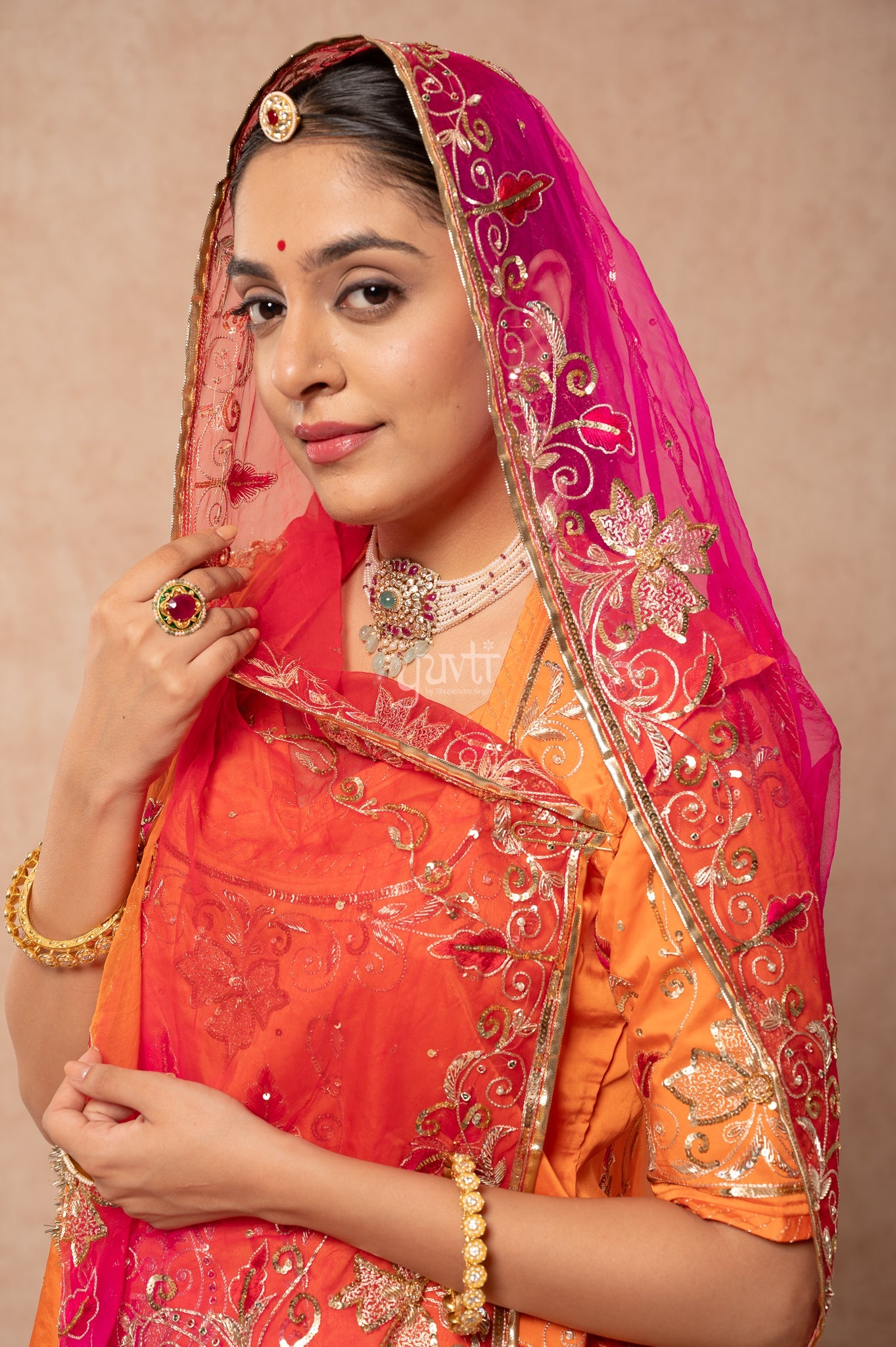 Orange Bamber Satin Aari Sequins Resham Zardozi Handwork  Poshak with Pure Multi Odhana (unstitched)