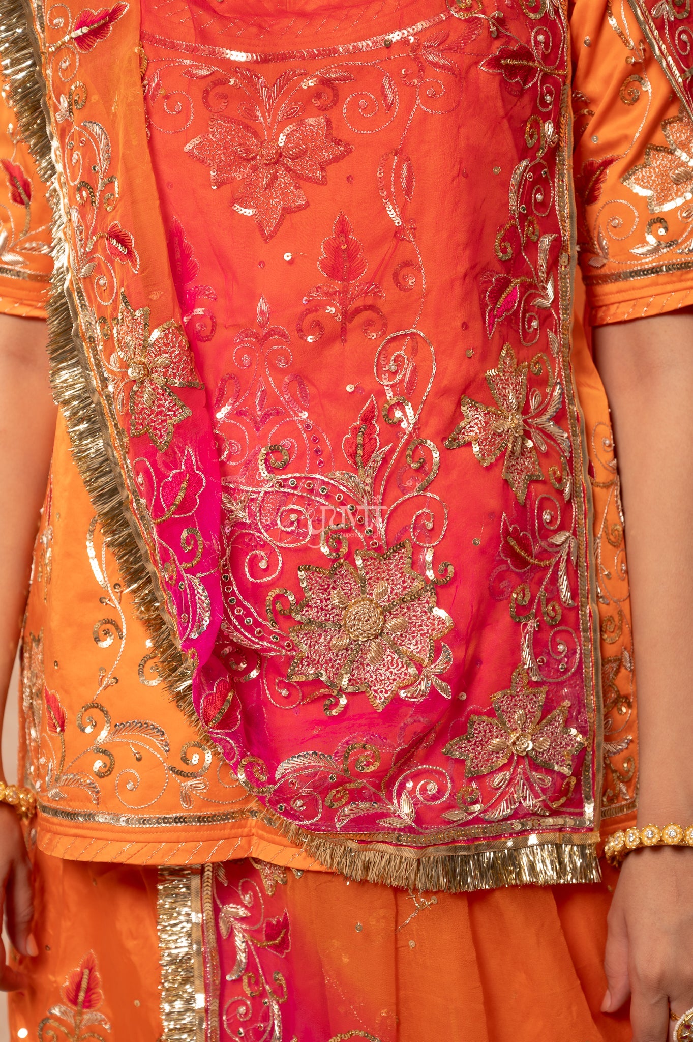 Orange Bamber Satin Aari Sequins Resham Zardozi Handwork  Poshak with Pure Multi Odhana (unstitched)