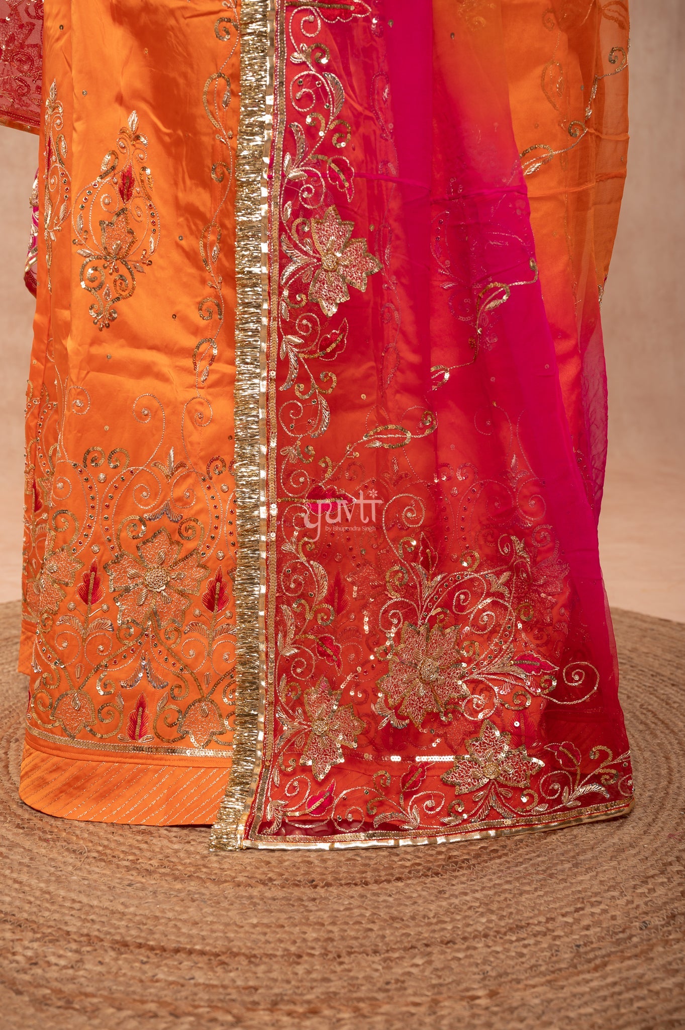 Orange Bamber Satin Aari Sequins Resham Zardozi Handwork  Poshak with Pure Multi Odhana (unstitched)