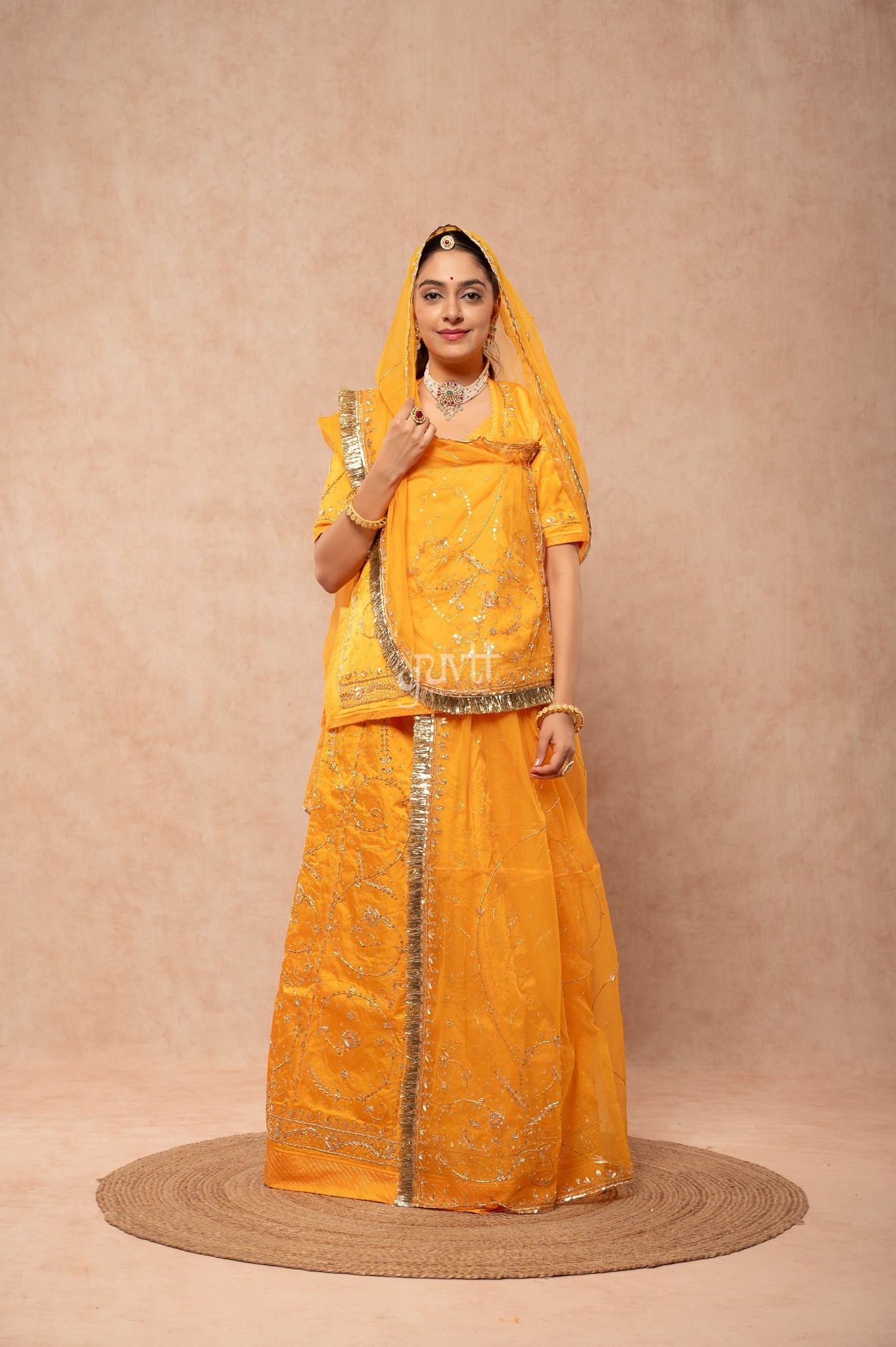 Yellow Bamber Satin Zardozi Sequins Handwork  Poshak with Pure Odhana (unstitched)