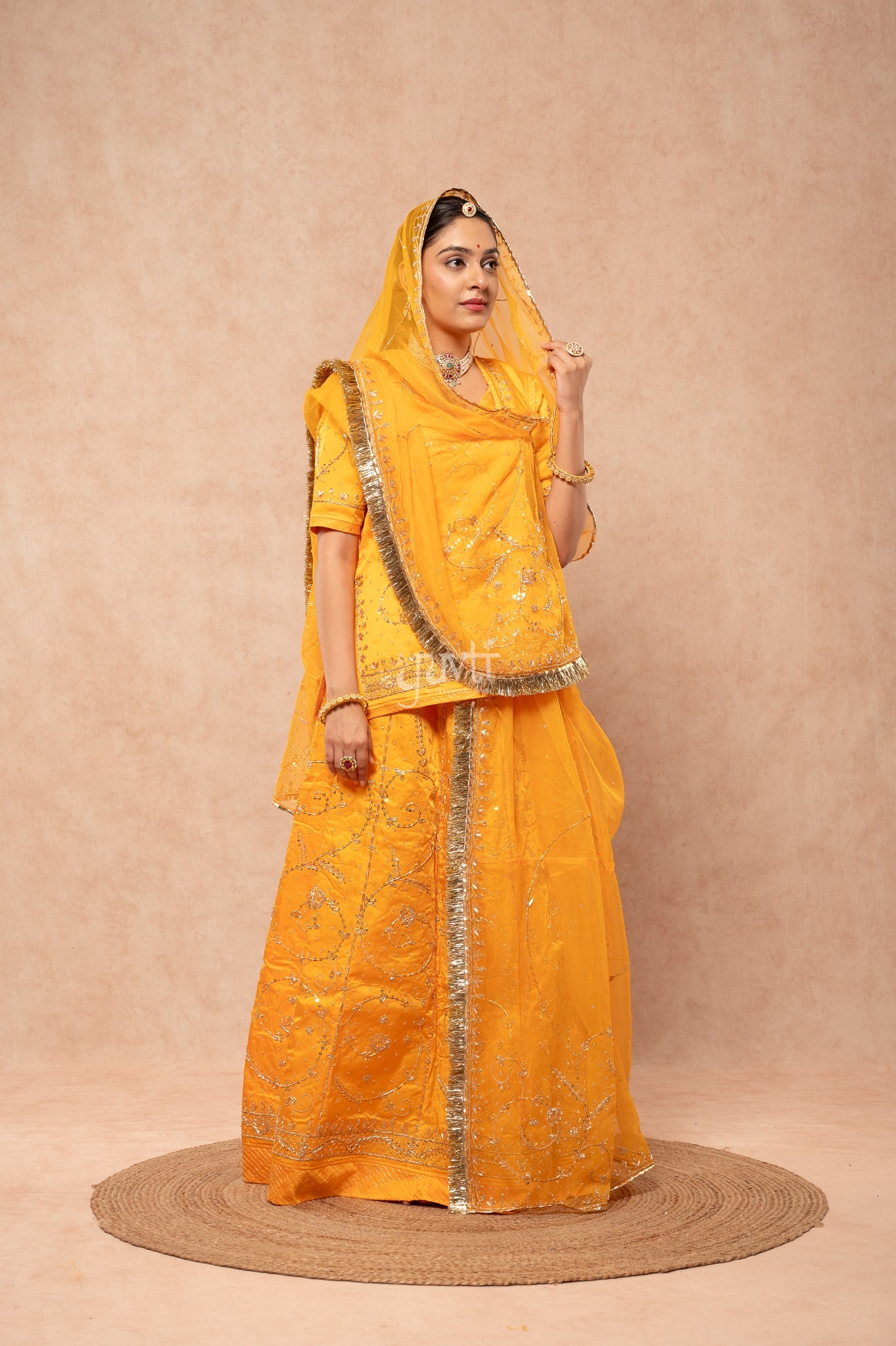 Yellow Bamber Satin Zardozi Sequins Handwork  Poshak with Pure Odhana (unstitched)