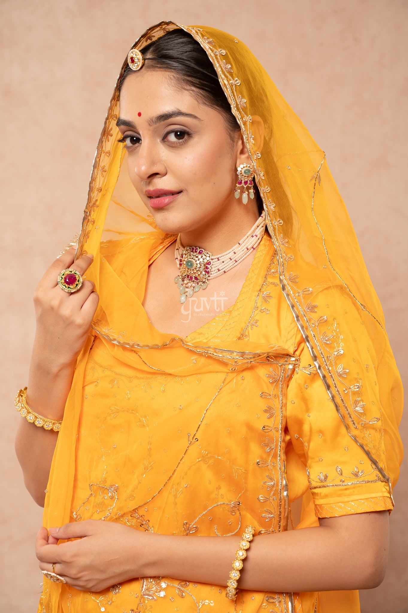 Yellow Bamber Satin Zardozi Sequins Handwork  Poshak with Pure Odhana (unstitched)