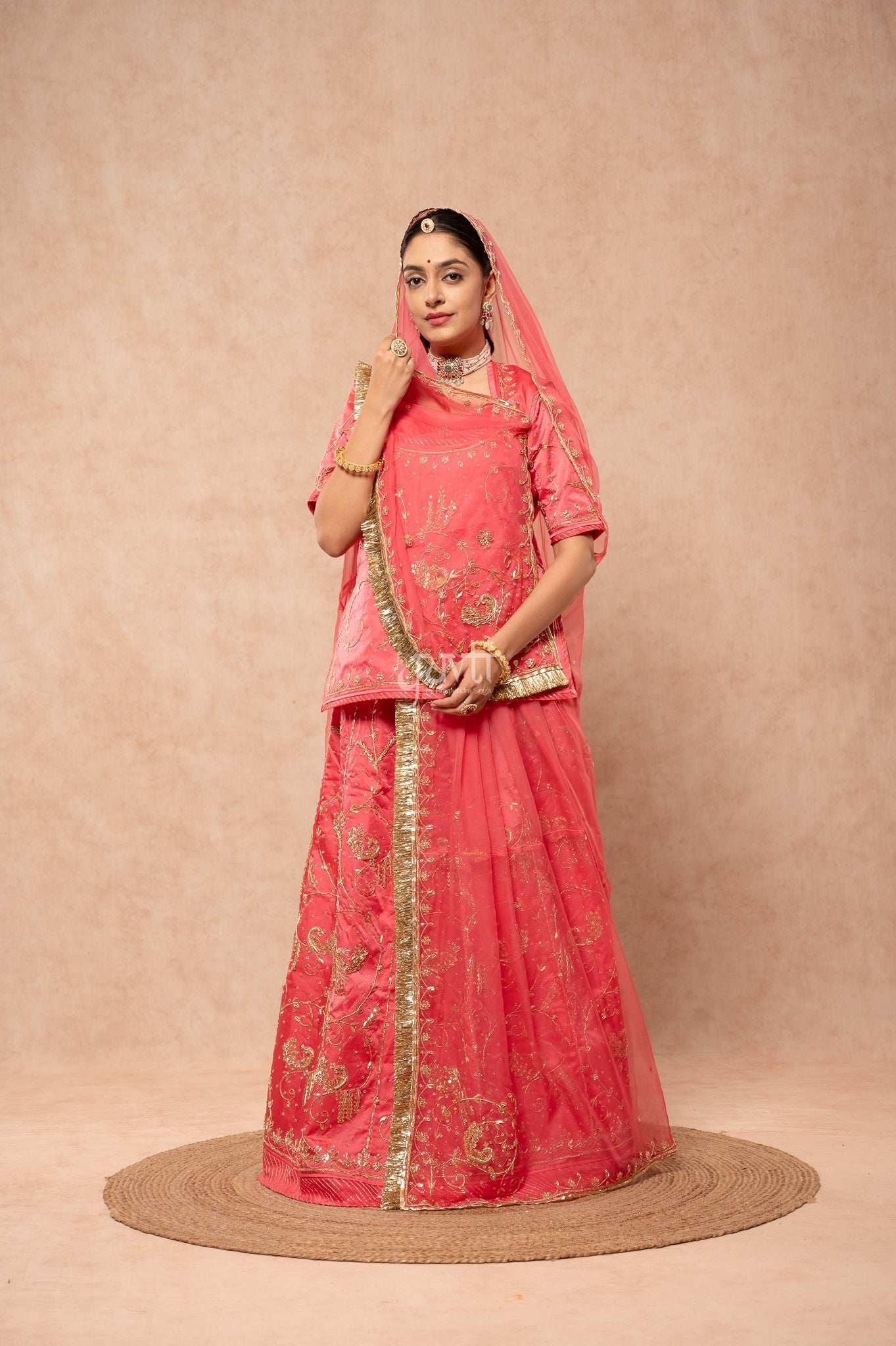 Gajri Pink Bamber Satin Zardozi Sequins Handwork  Poshak with Pure Odhana (unstitched)
