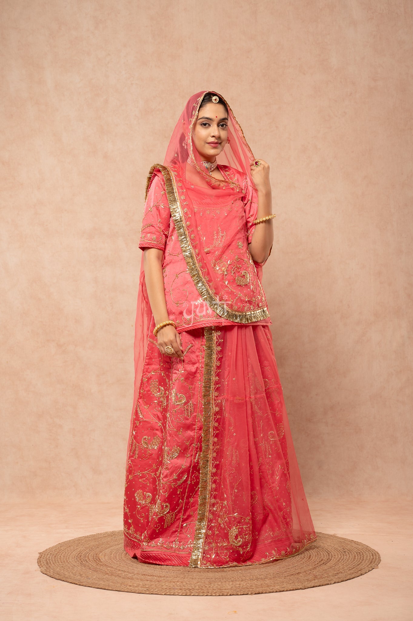 Gajri Pink Bamber Satin Zardozi Sequins Handwork  Poshak with Pure Odhana (unstitched)