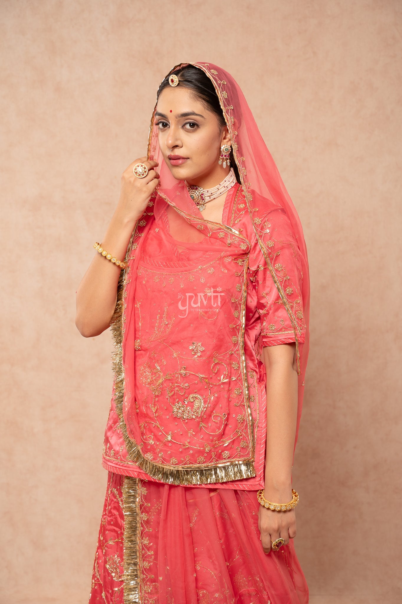 Gajri Pink Bamber Satin Zardozi Sequins Handwork  Poshak with Pure Odhana (unstitched)